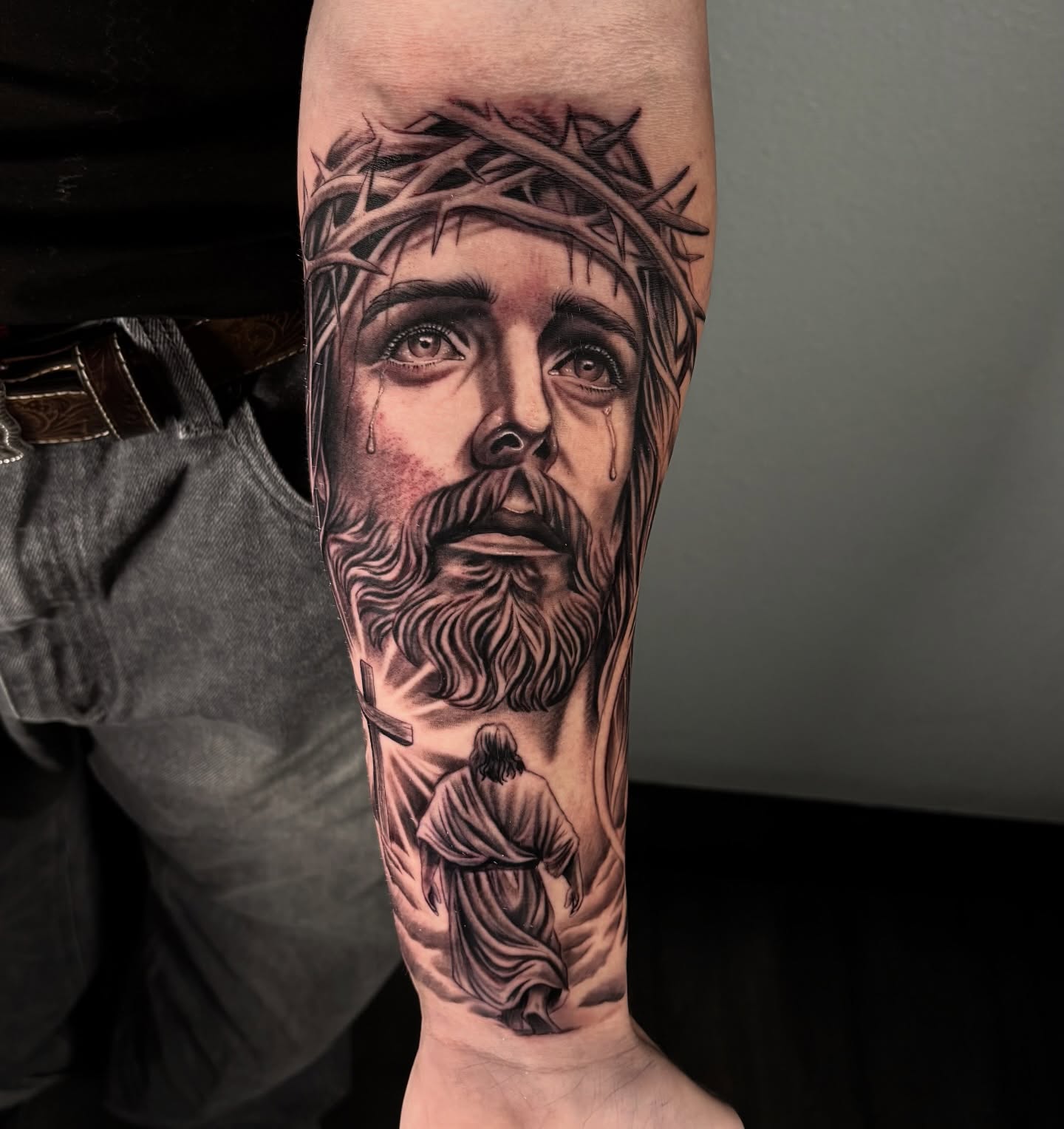 Jesus Christ realism tattoo on the forearm by Dave