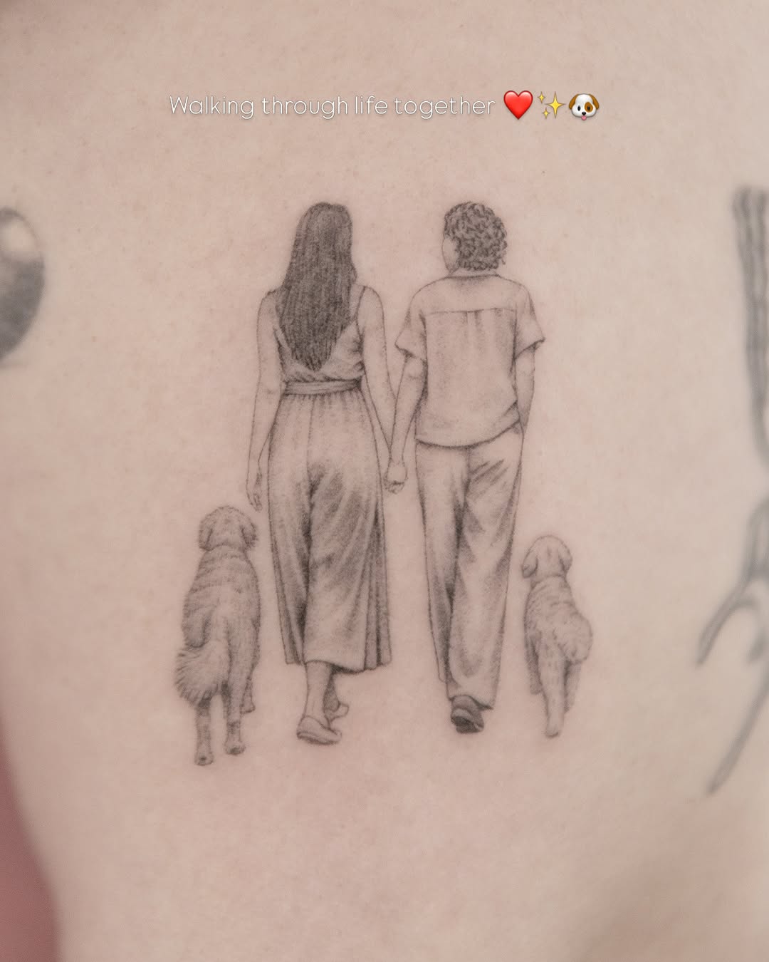 Couple walking dogs fine line tattoo on the back by Joey