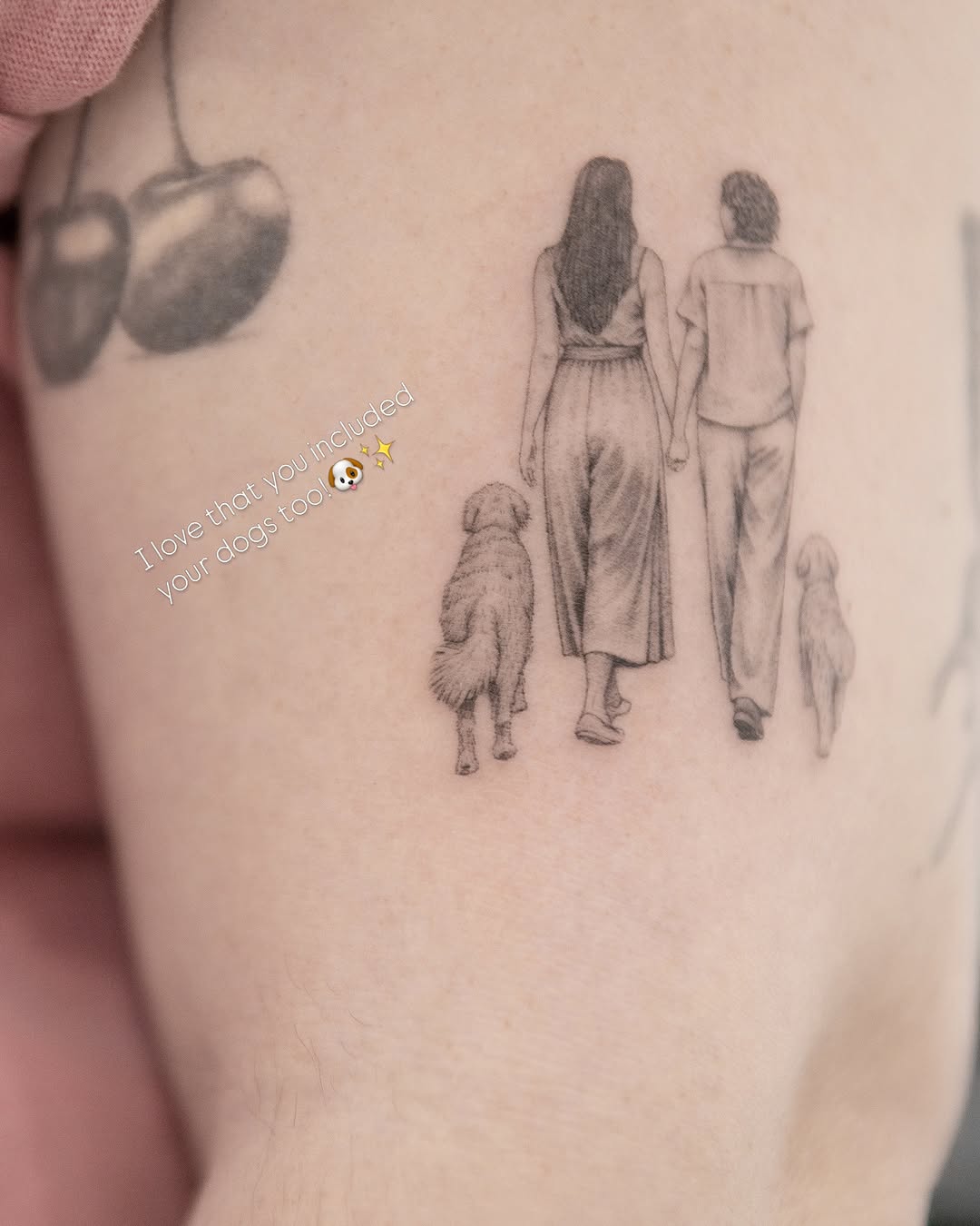 Couple walking dogs realism tattoo on the forearm by Joey