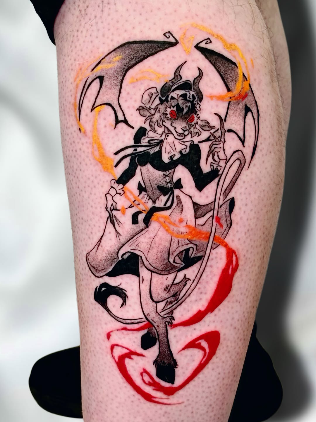 Demon maid with whip neo-traditional tattoo on the thigh by Lex