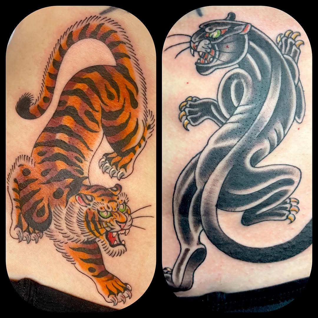Tiger and panther American traditional tattoo on the forearm by ๐ญ๐๐ ๐ฎ๐๐๐๐๐, Berkeley, California