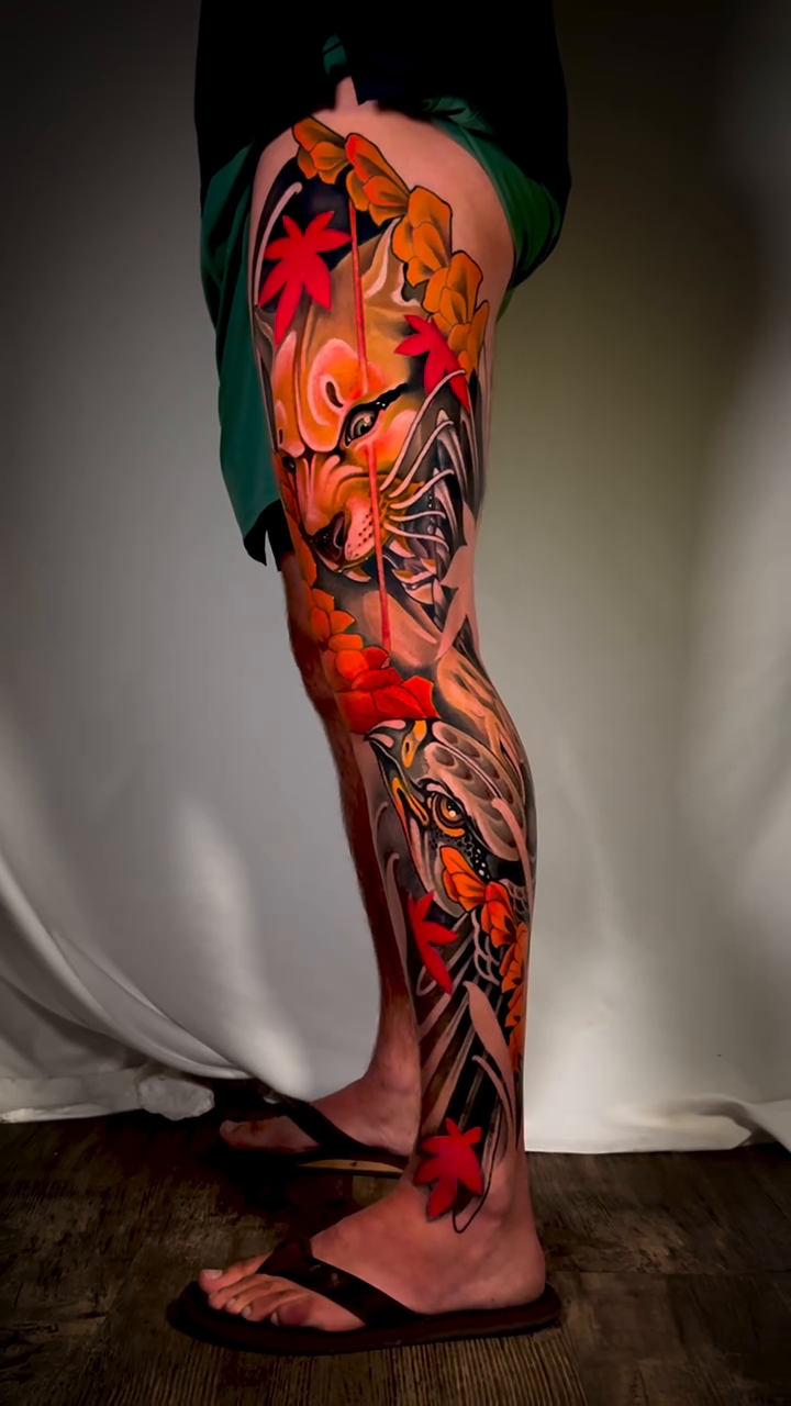 Japanese tattoo on the leg by Aitor Arie, Roseville, California