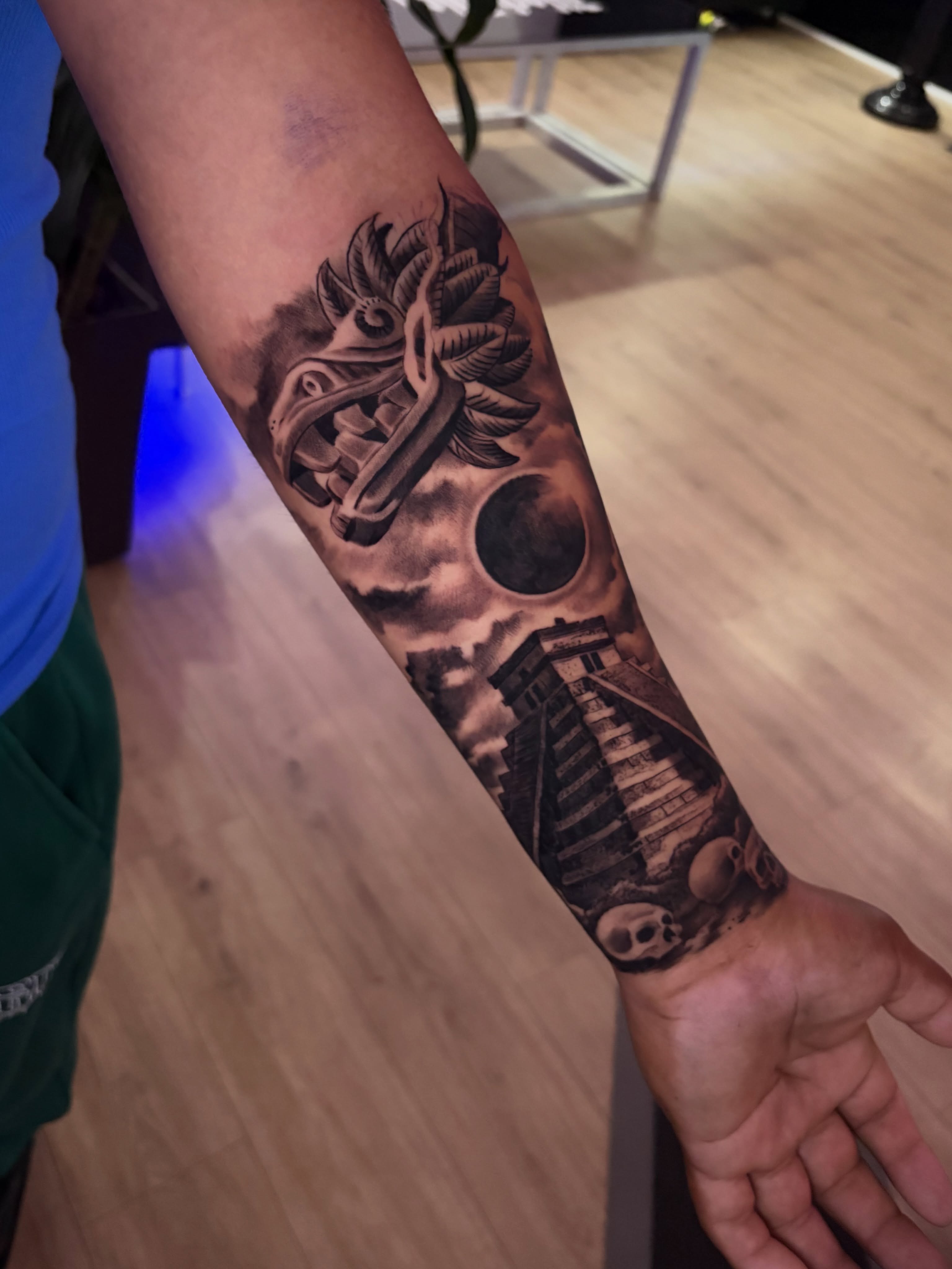 Pyramid and skull realism tattoo on the forearm by Luis VP