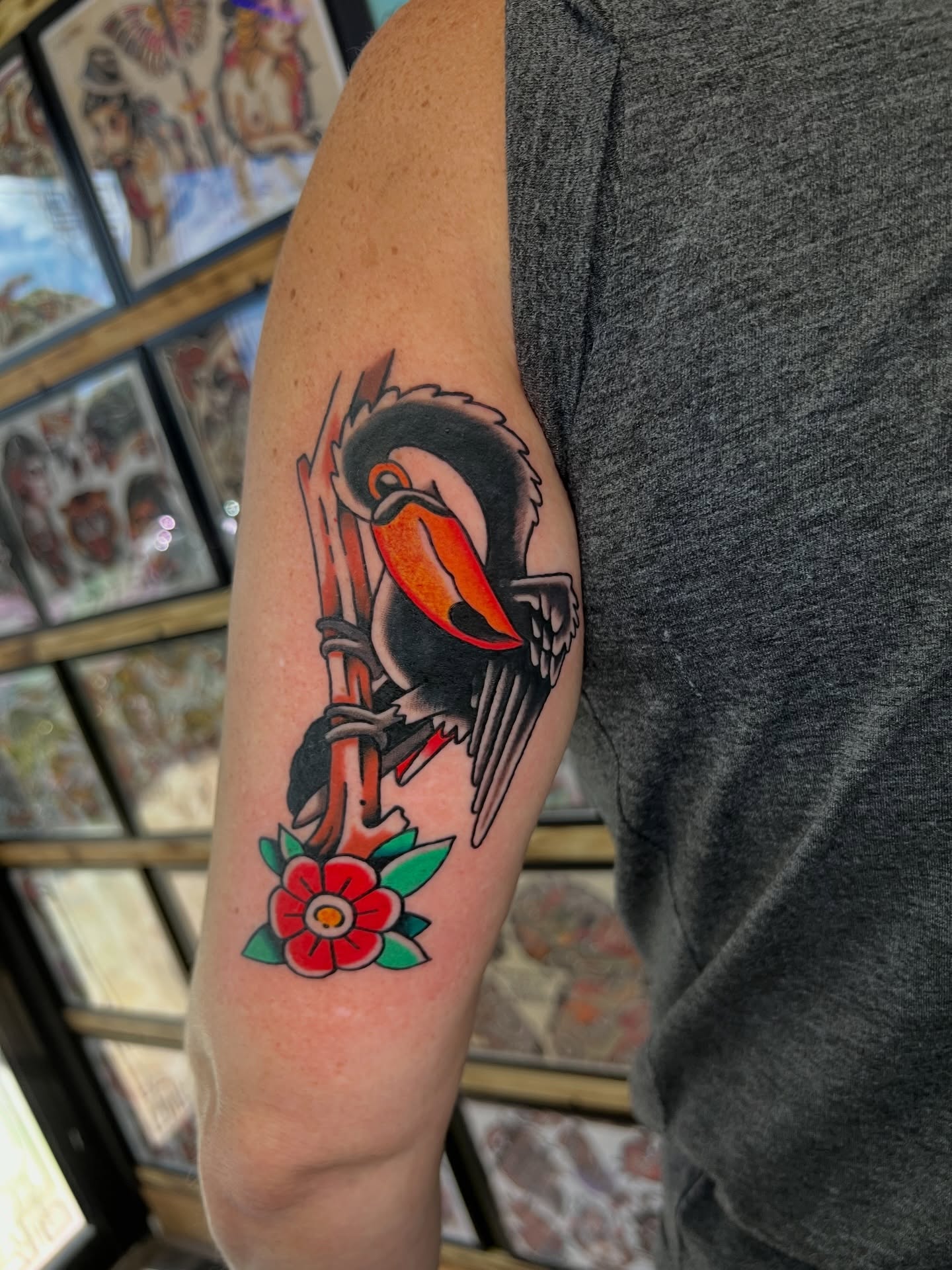 Bird and flower American traditional tattoo on the forearm by 🍊Harvey Perez 🍊, Deerfield Beach, Florida