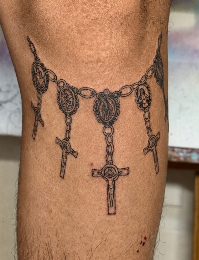 Rosary black and grey tattoo on the forearm by ππππππ