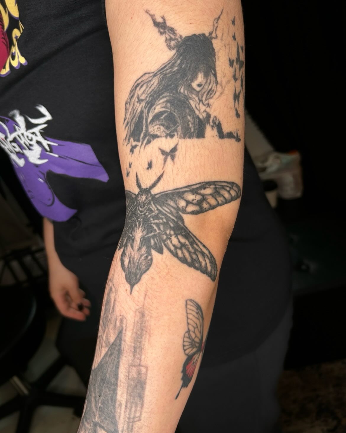 Moth and woman realism tattoo on the forearm by ๐๐ฆ๐ฐ๐ฆ๐