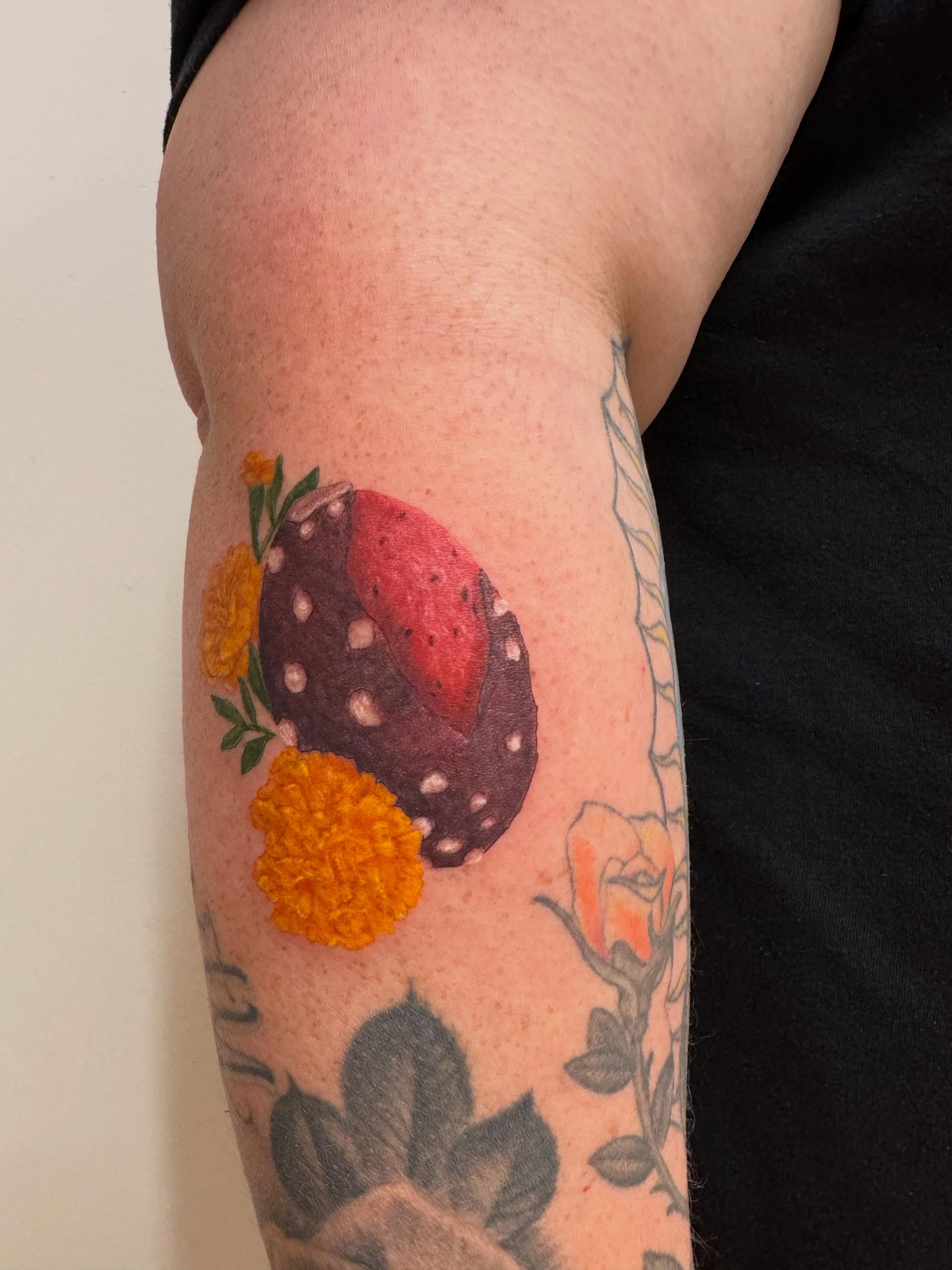 Strawberry and flowers dotwork tattoo on the forearm by Enda 🧚🏻‍♀️