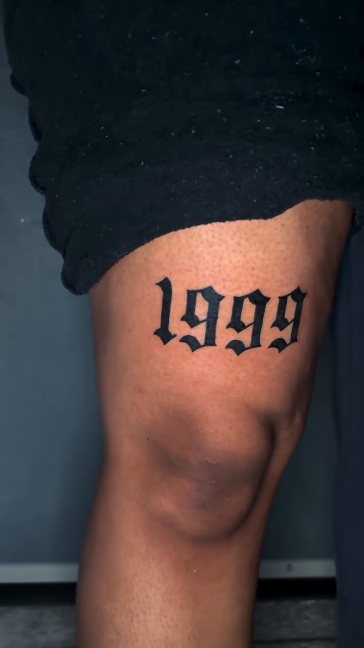 The year 1999 Chicano tattoo on the leg by @getmoneetattz