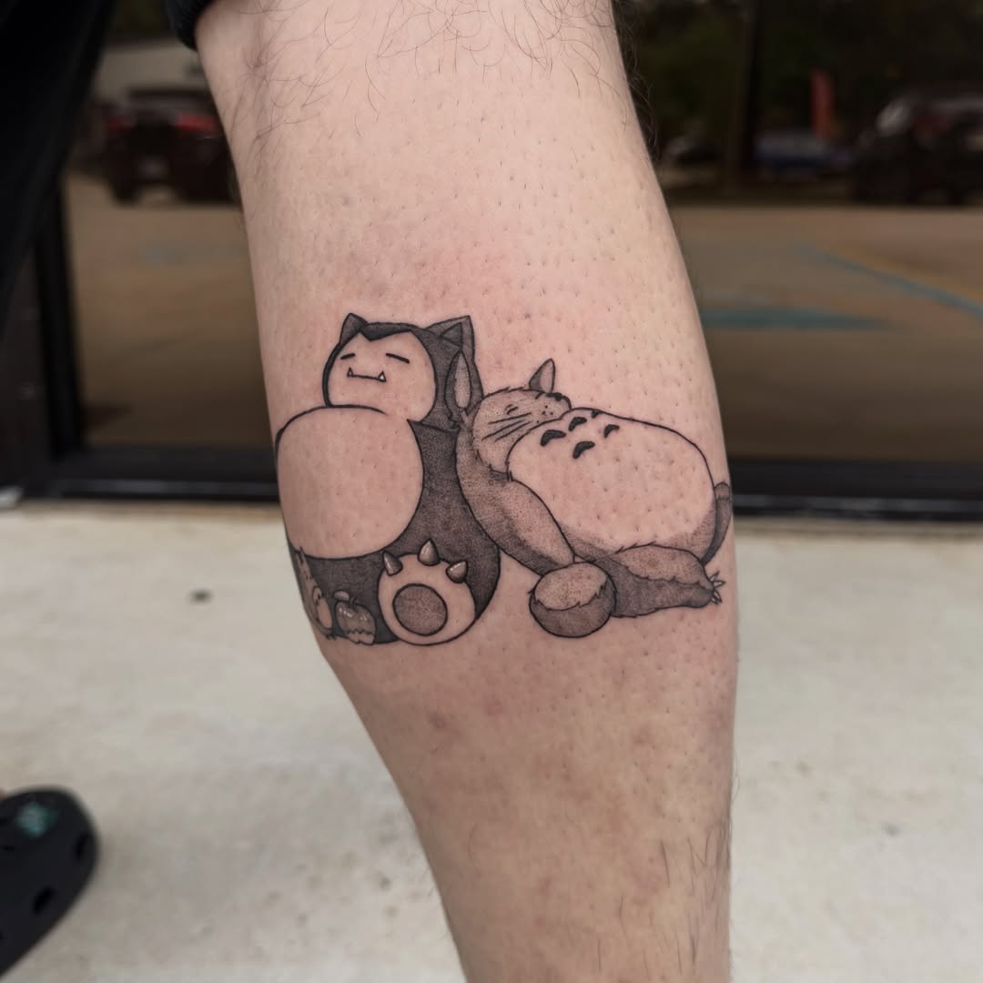 Cat and totoro dotwork tattoo on the forearm by Shay - Mandeville Tattoo Artist