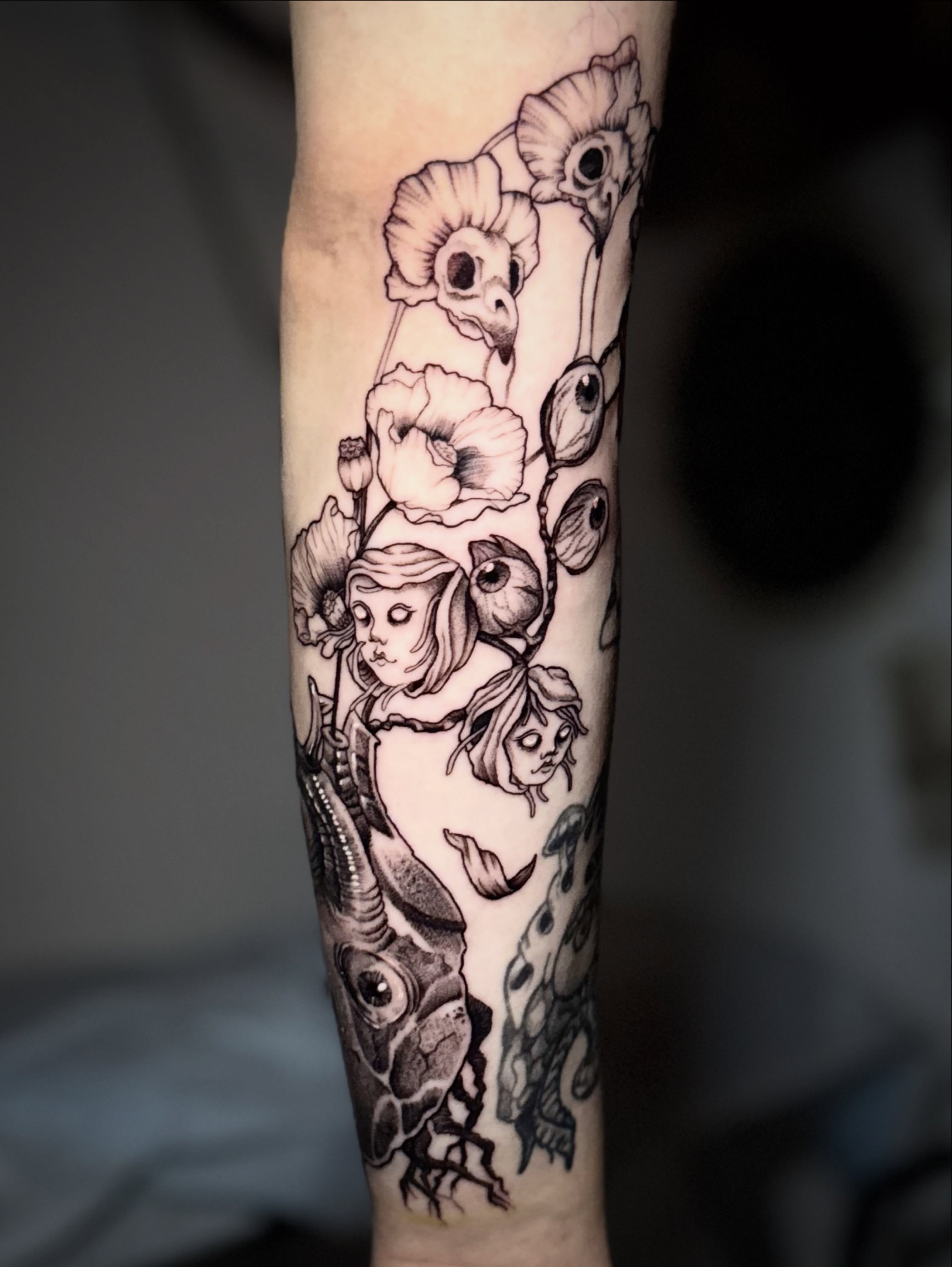 Woman with flowers and eyes surrealism tattoo on the forearm by † Aileen † Chicago Tattoo Artist