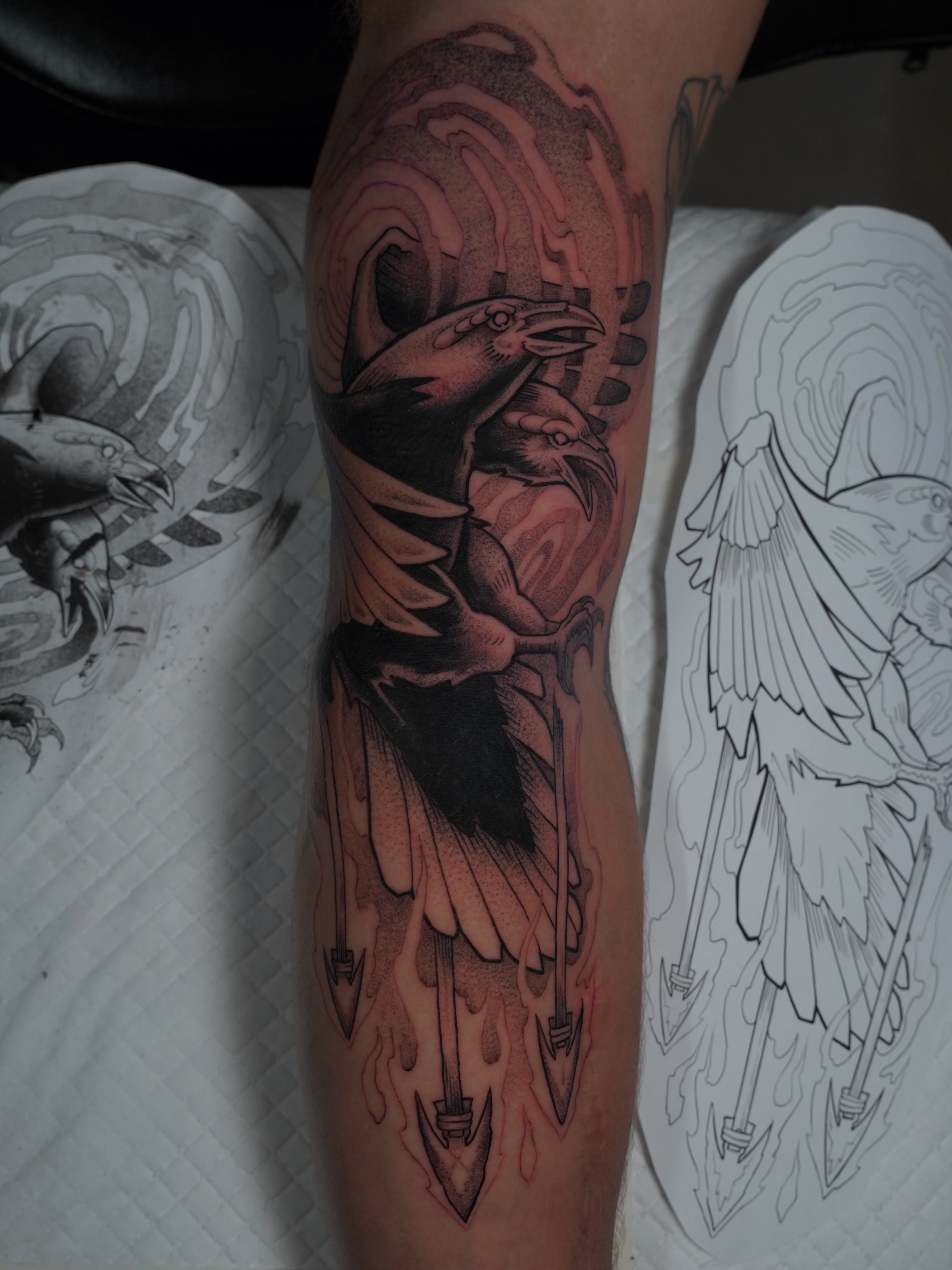 Crow and arrows neo-traditional tattoo on the forearm by Derek Foferek, Charlotte, North Carolina
