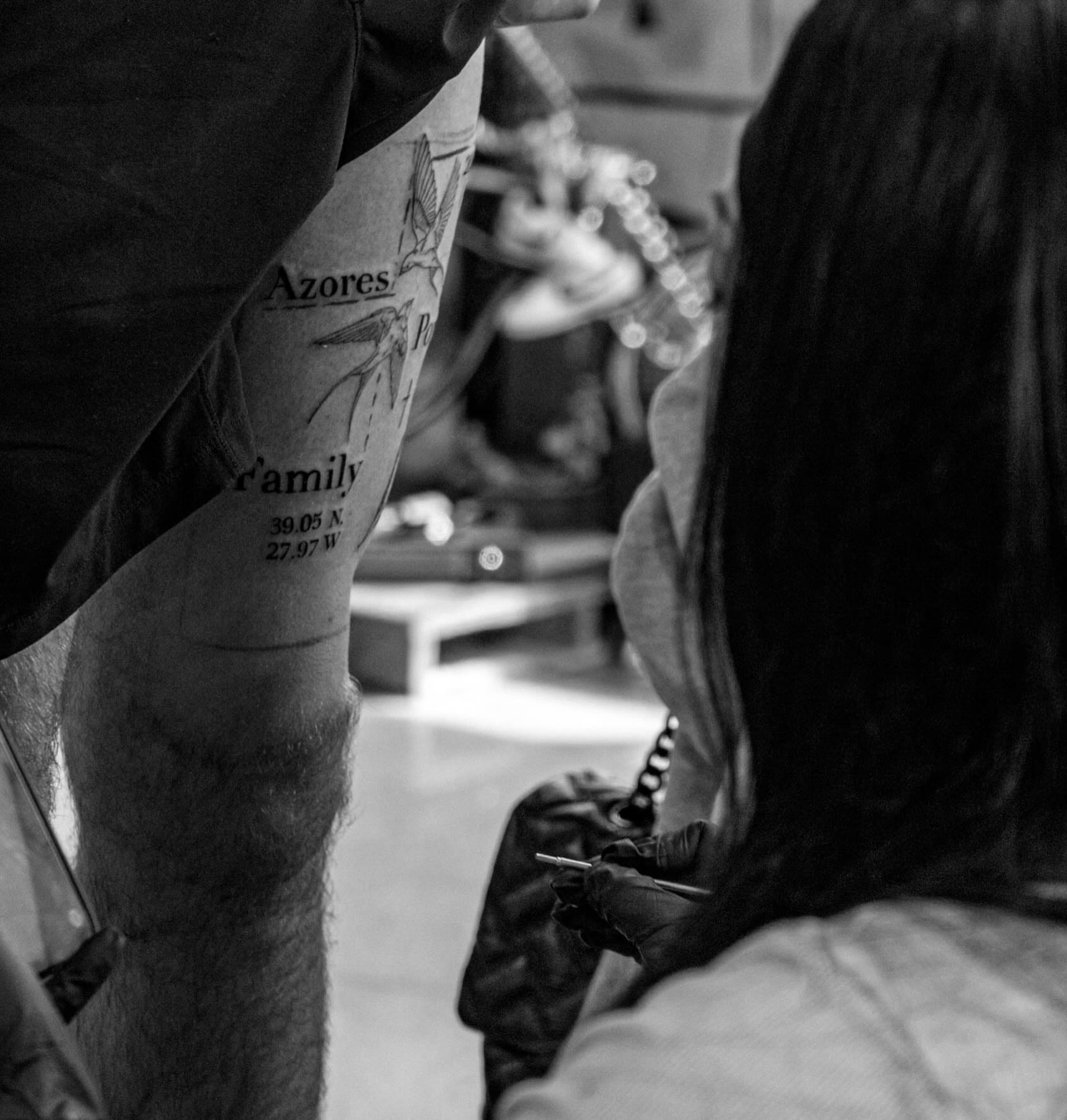 Family black and grey tattoo on the leg by Giana Martinez, Wichita, Kansas