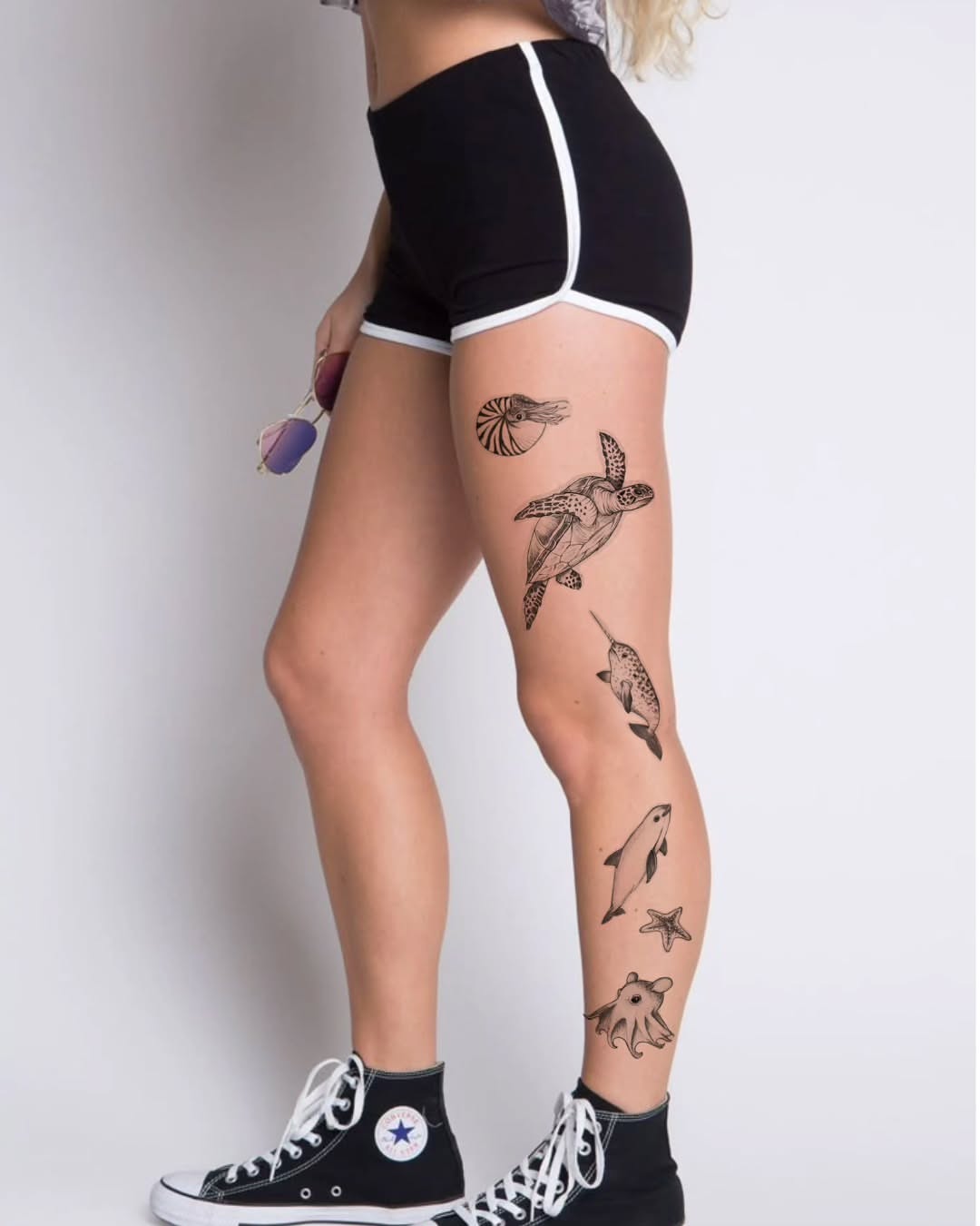 Marine life black and grey tattoo on the leg by Tattoo artist - Luciana Dsilva, San Francisco, California