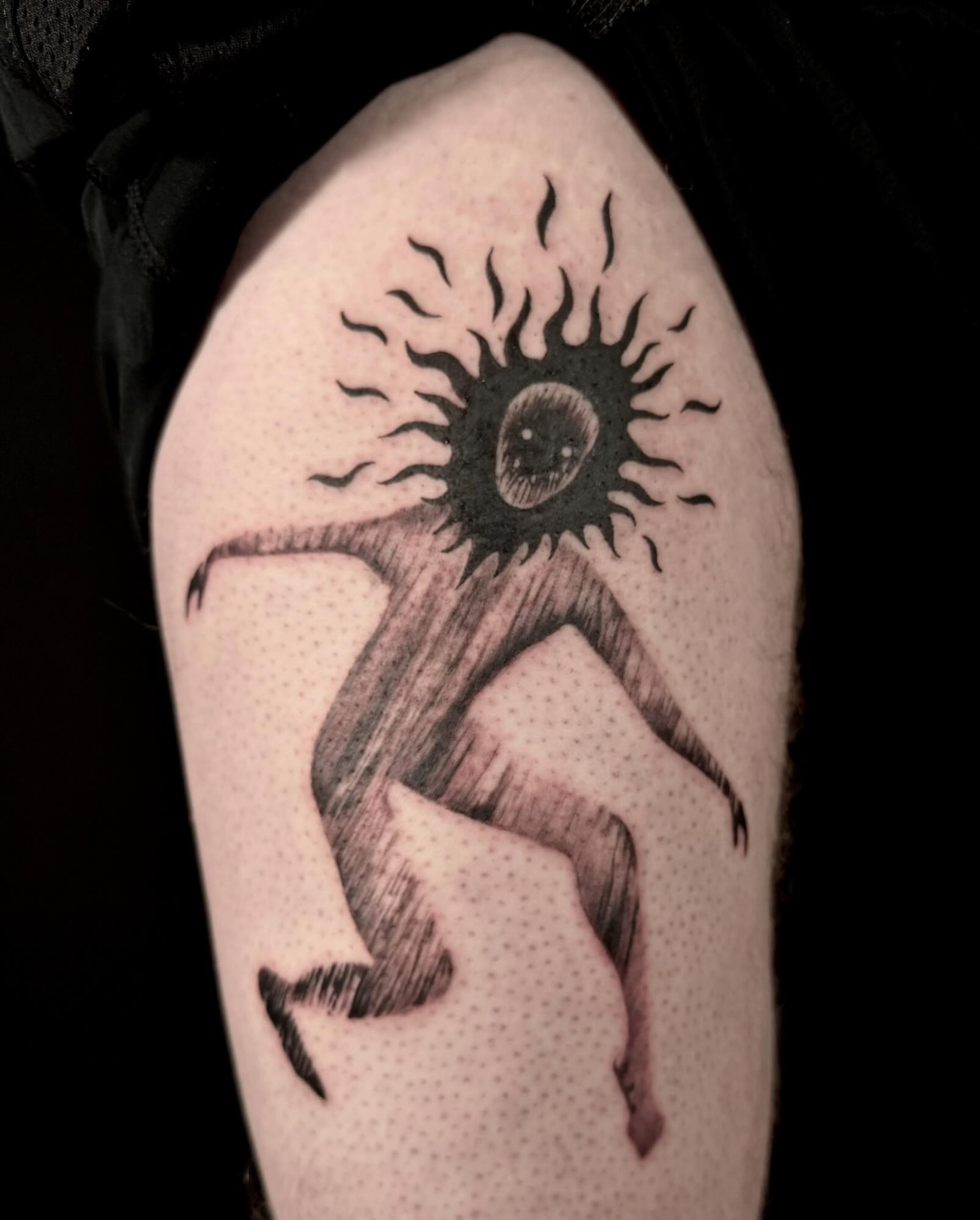 Sun and human figure dotwork tattoo on the forearm by ṣ̷̠̈̿h̷̭͎͕̜̮͕̹͂̈̔ǫ̶̛͖̮͖͛͊̅̃̓n̴̻̑̏̓̓͠a̴̛̖̼͑͆