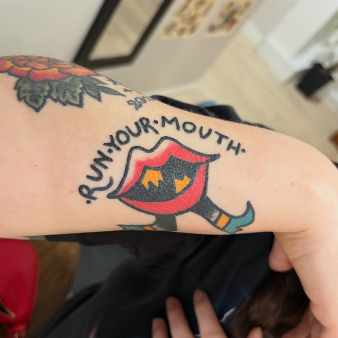 Run your mouth American traditional tattoo on the forearm by Braedon 🎱