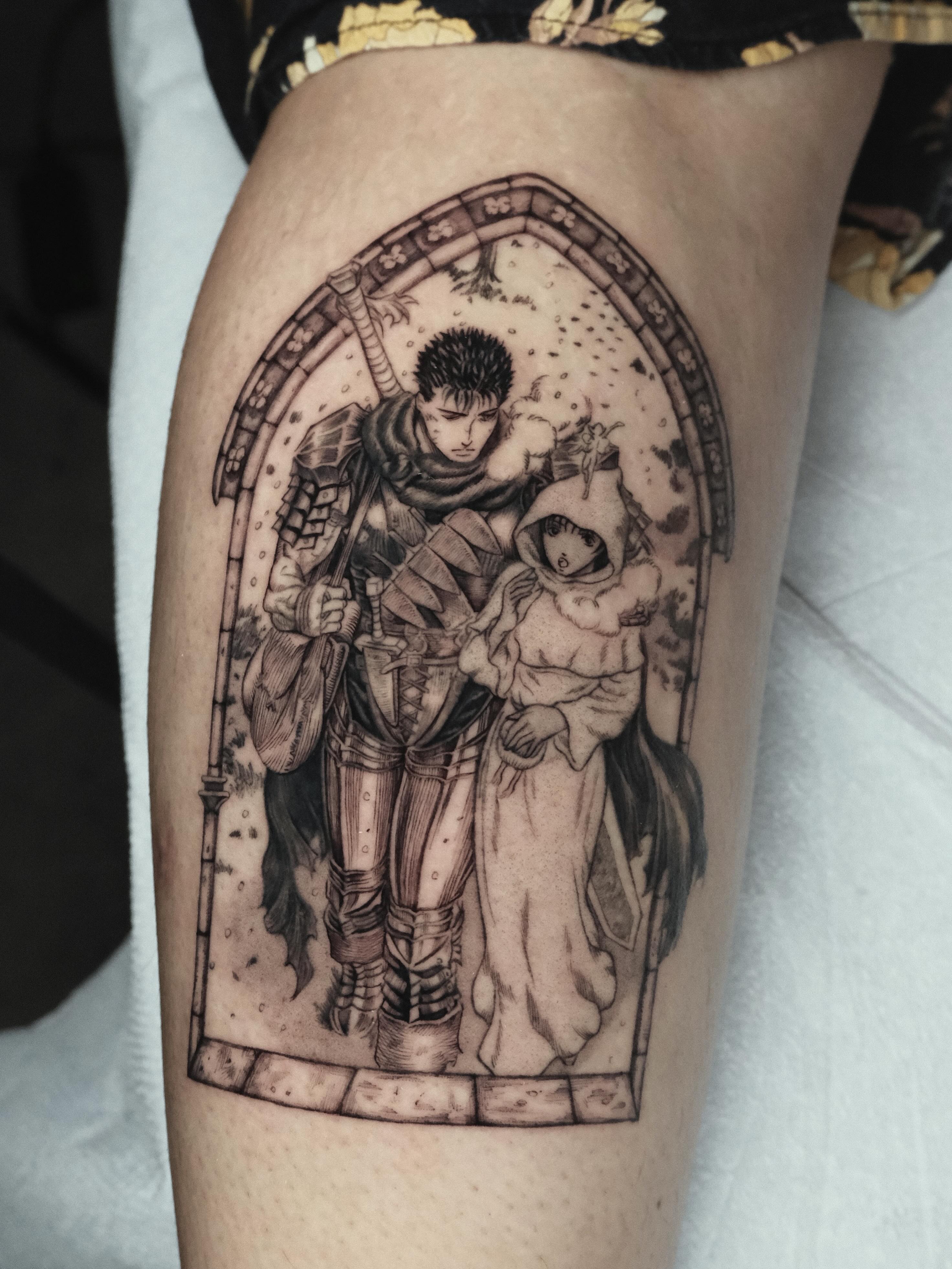 Medieval couple realism tattoo on the thigh by HanaKaki