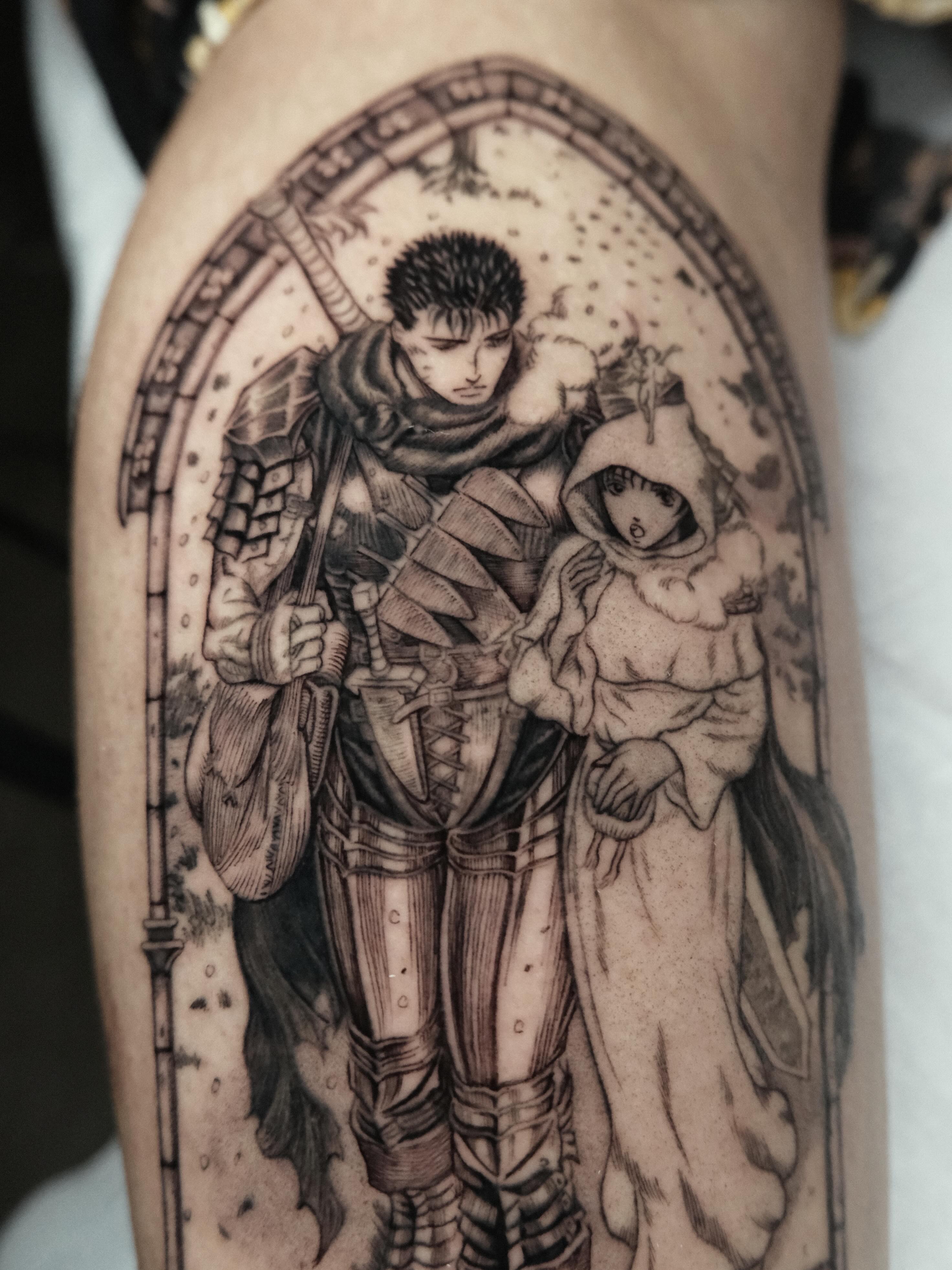 Warrior and child realism tattoo on the forearm by HanaKaki