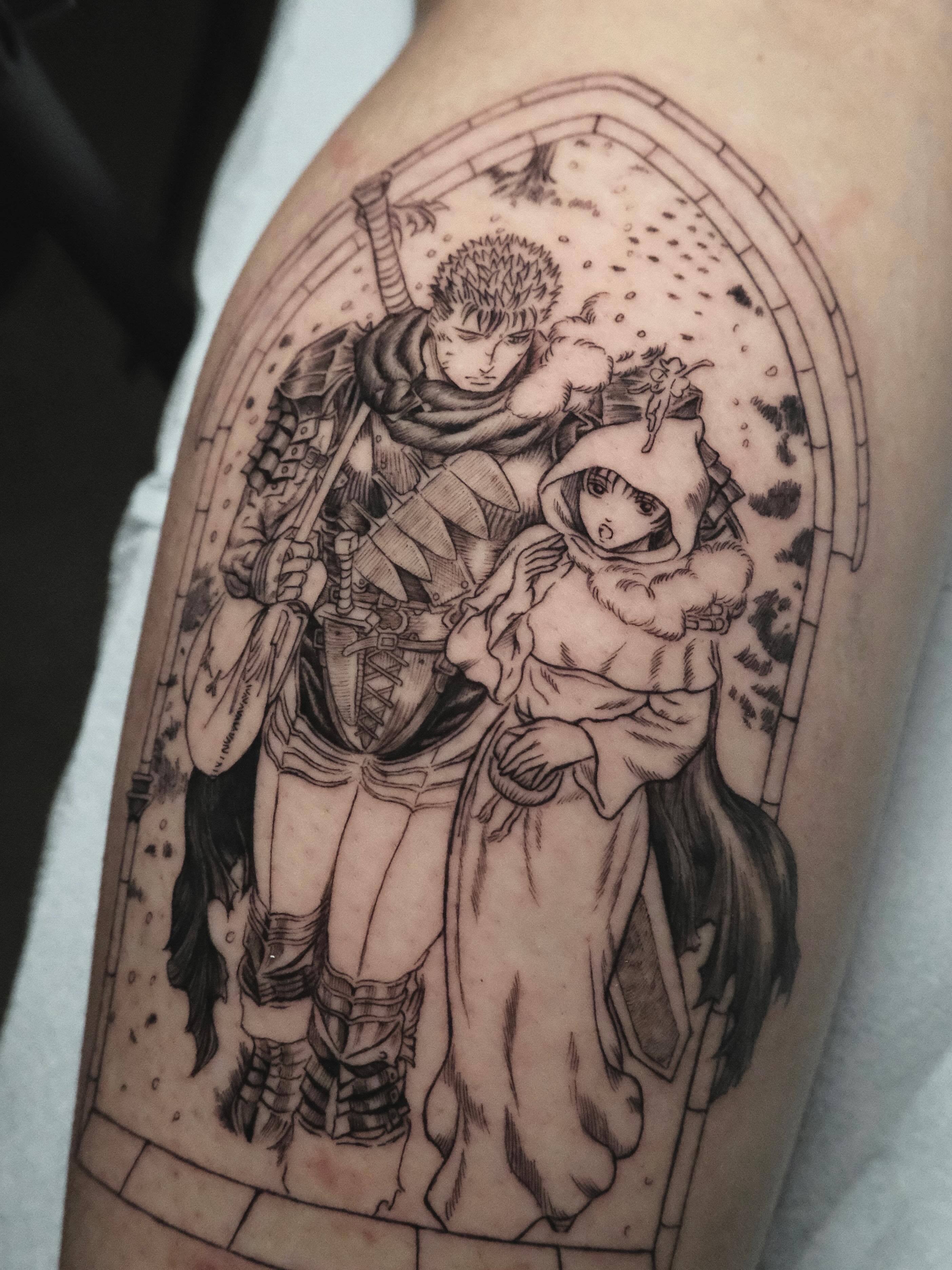 Medieval couple realism tattoo on the thigh by HanaKaki