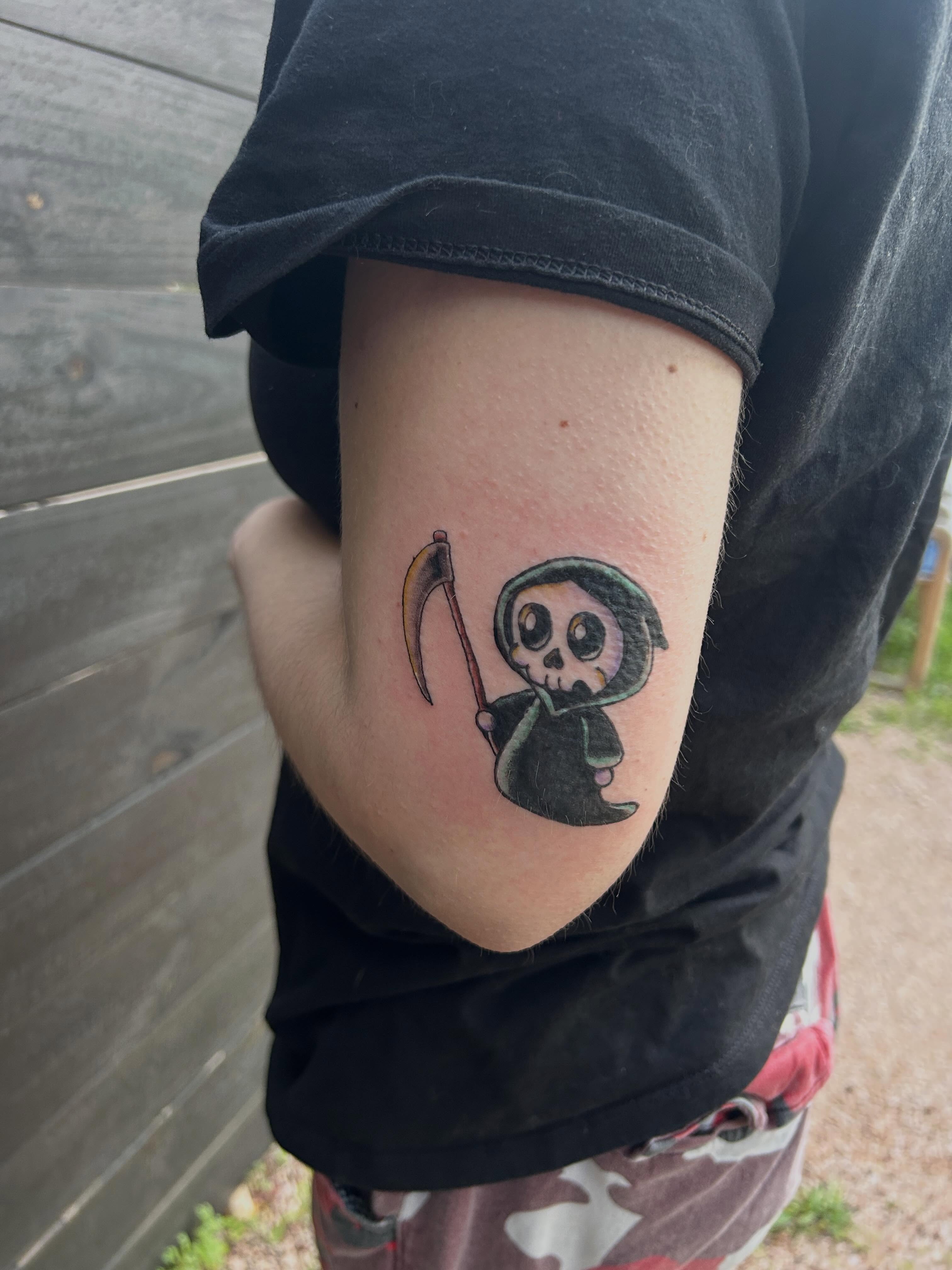 Grim reaper dotwork tattoo on the forearm by Miss Katie