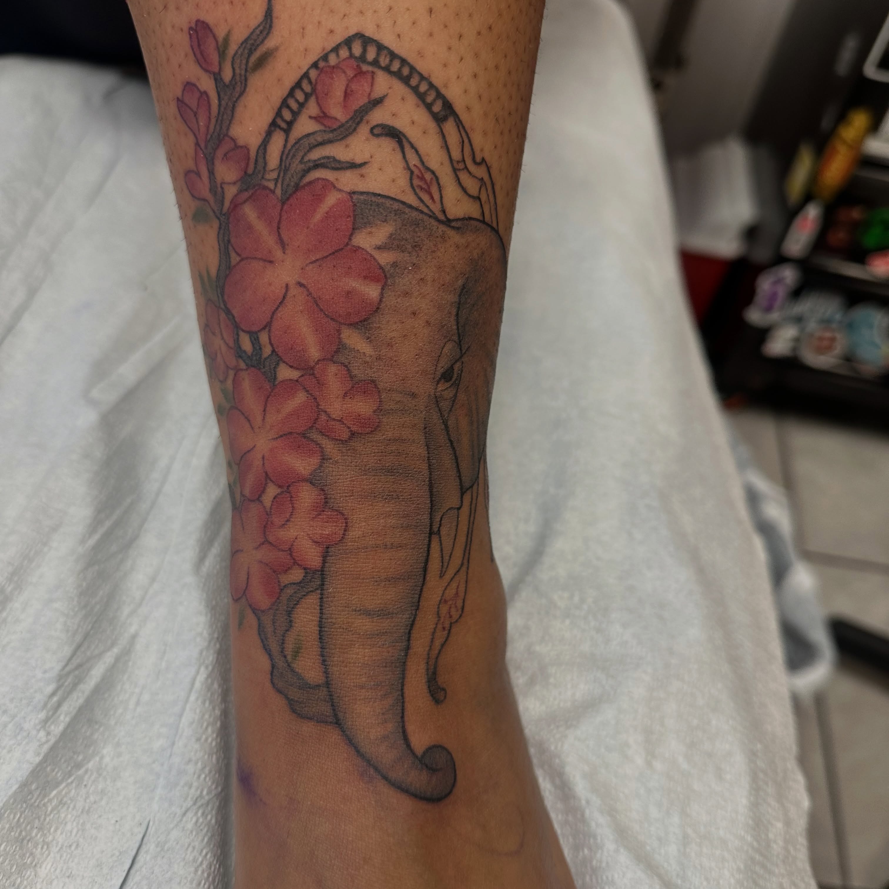 Elephant and cherry blossoms black and grey tattoo on the forearm by Mia Layne 🤎