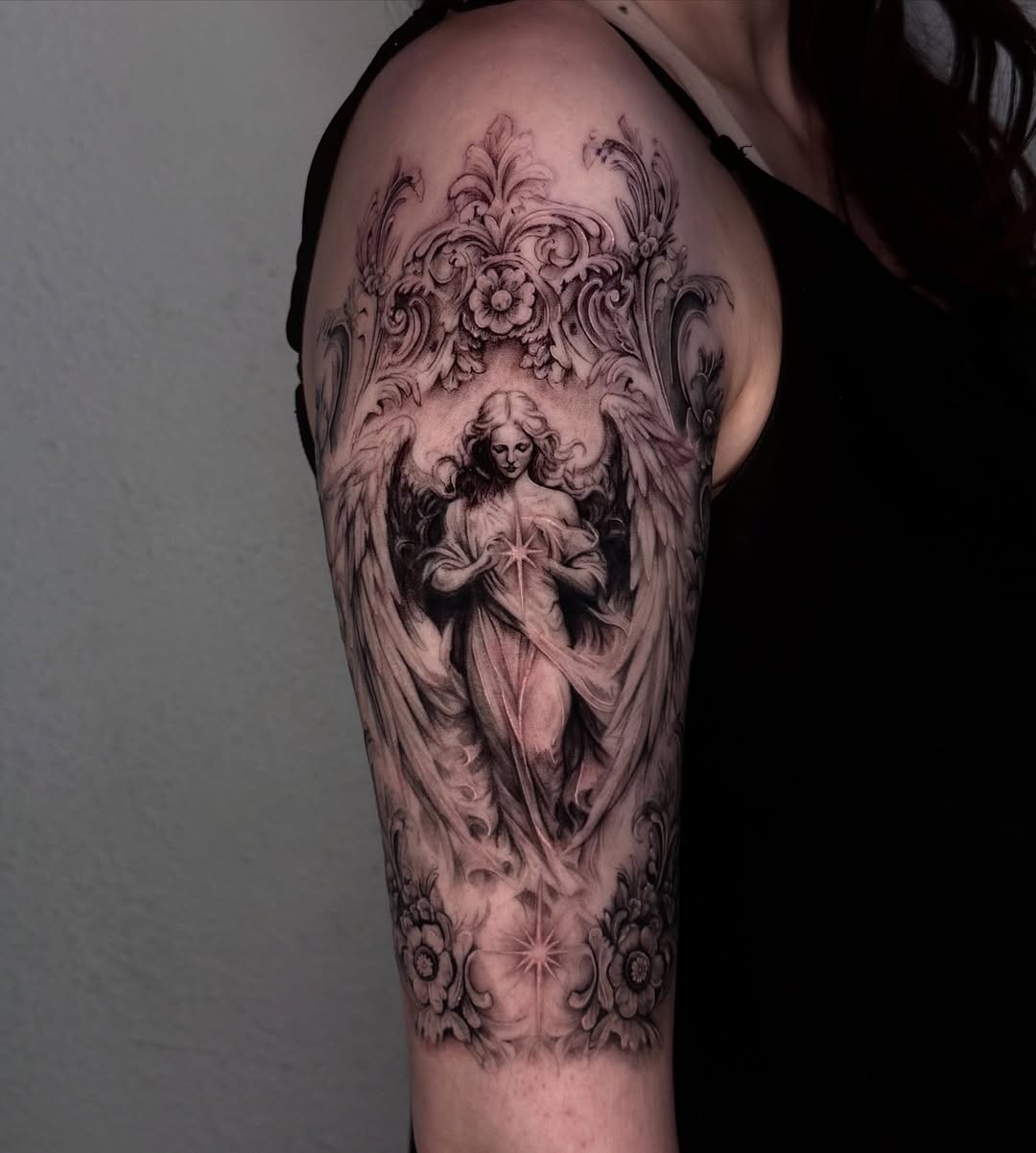 Angel with ornate frame realism tattoo on the shoulder by josselyn ☪︎