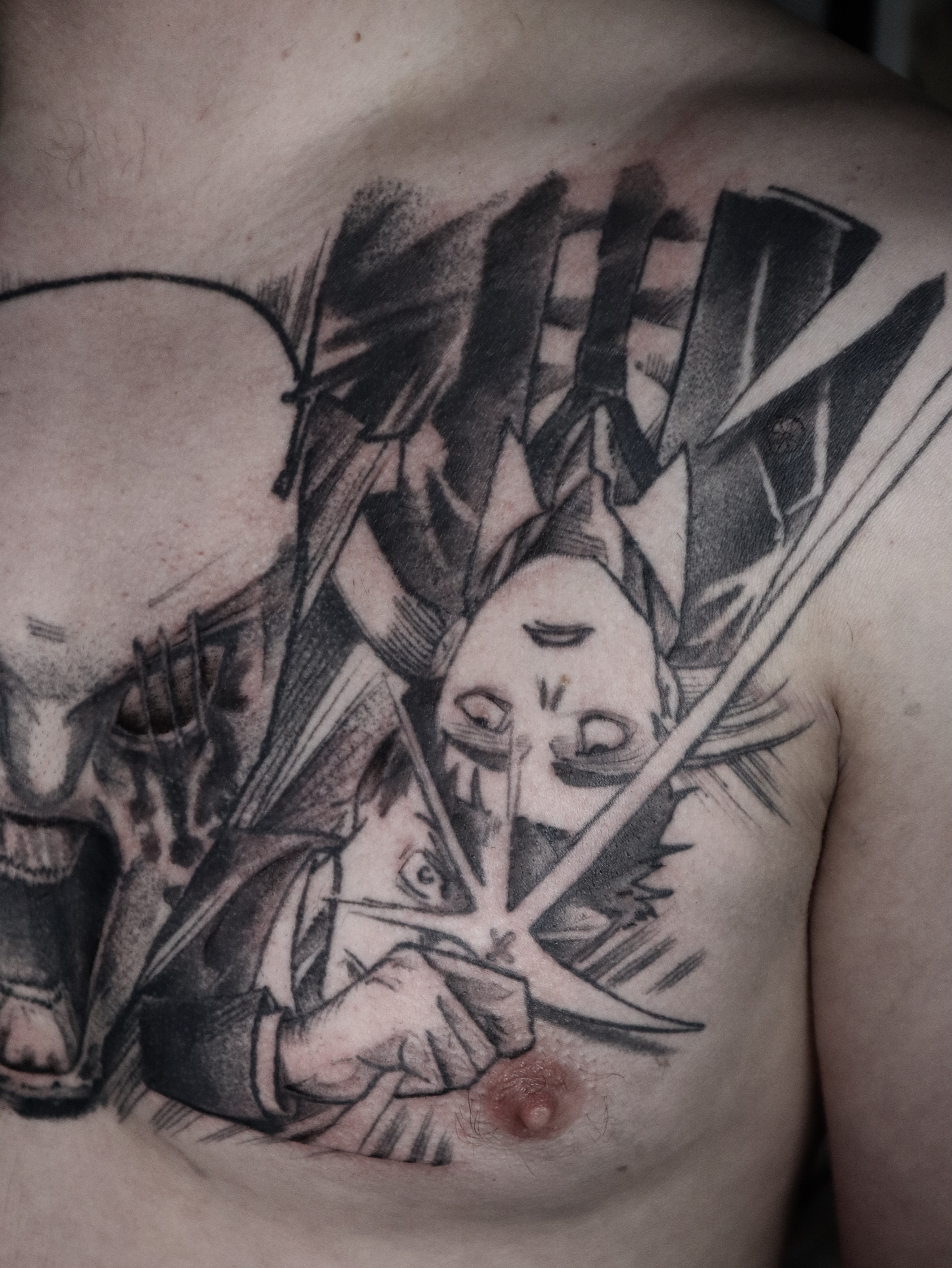 Anime character anime tattoo on the chest by Joe Hall