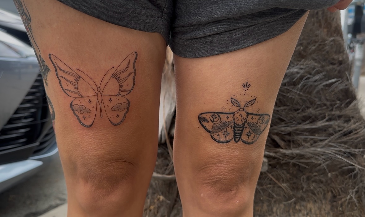 Butterfly and moth black and grey tattoo on the thigh by Cherry Tats🍒