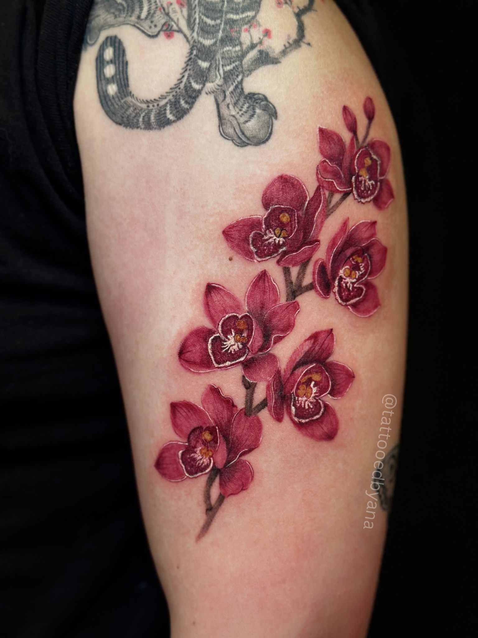 Orchids realism tattoo on the forearm by Tattoo artist Denver