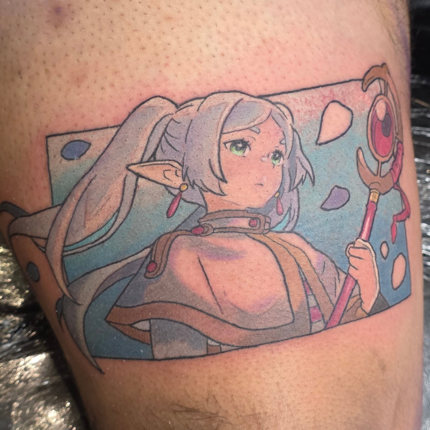 Elf character anime tattoo on the thigh by Kayla Williams