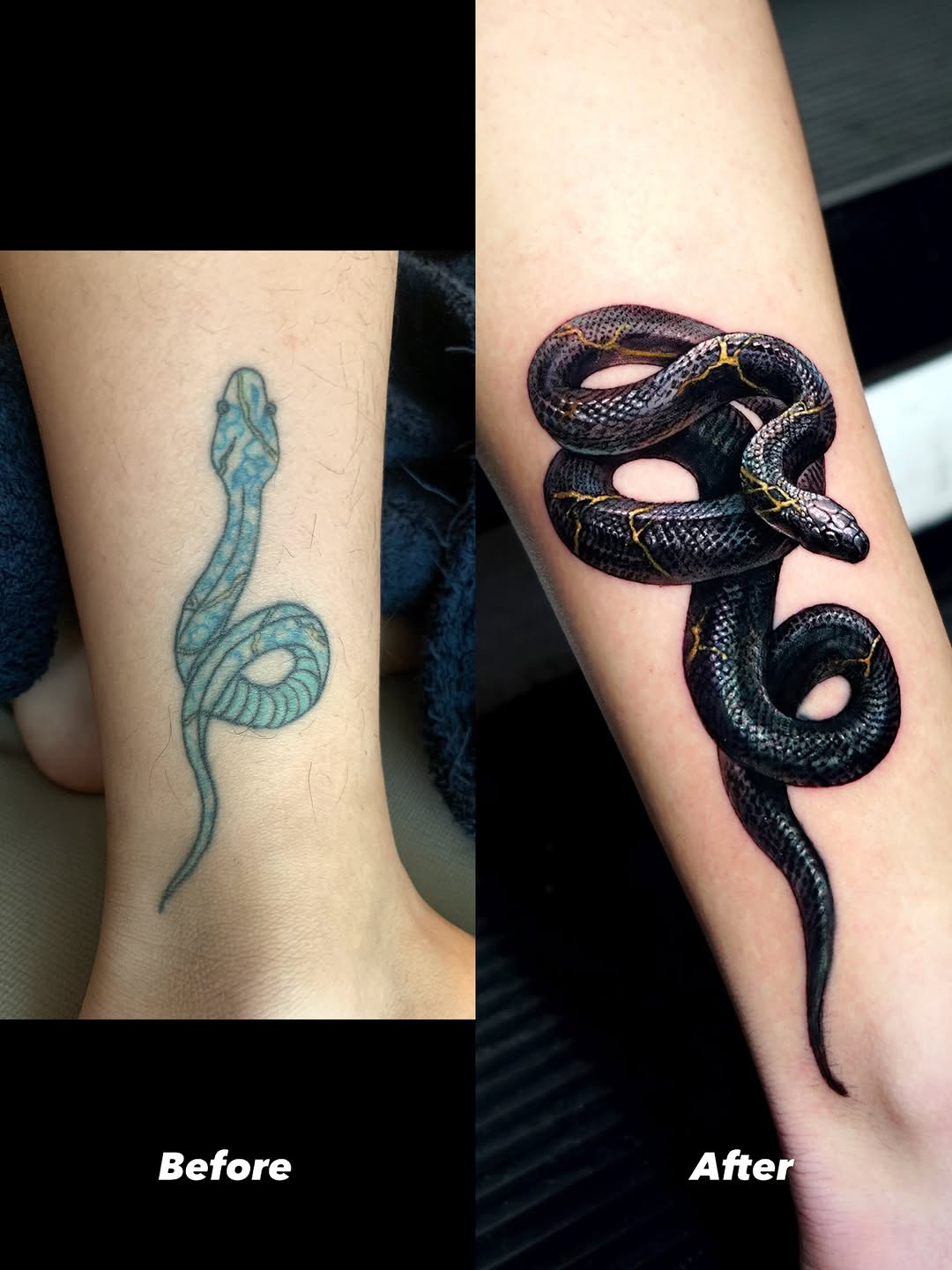 Black snake with gold accents American traditional tattoo on the forearm by Eun, Toronto, Ontario