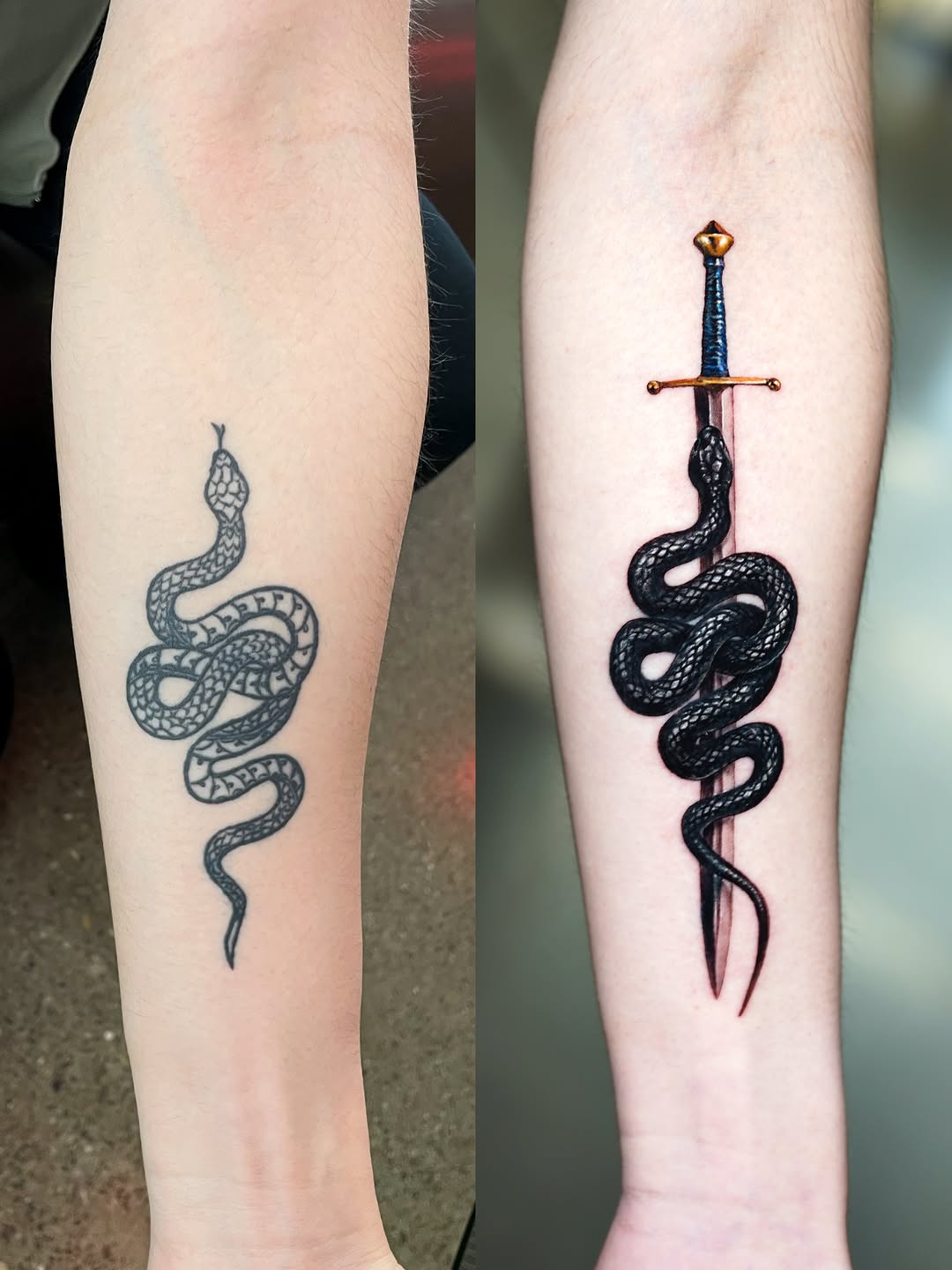 Snake and sword American traditional tattoo on the forearm by Eun, Toronto, Ontario