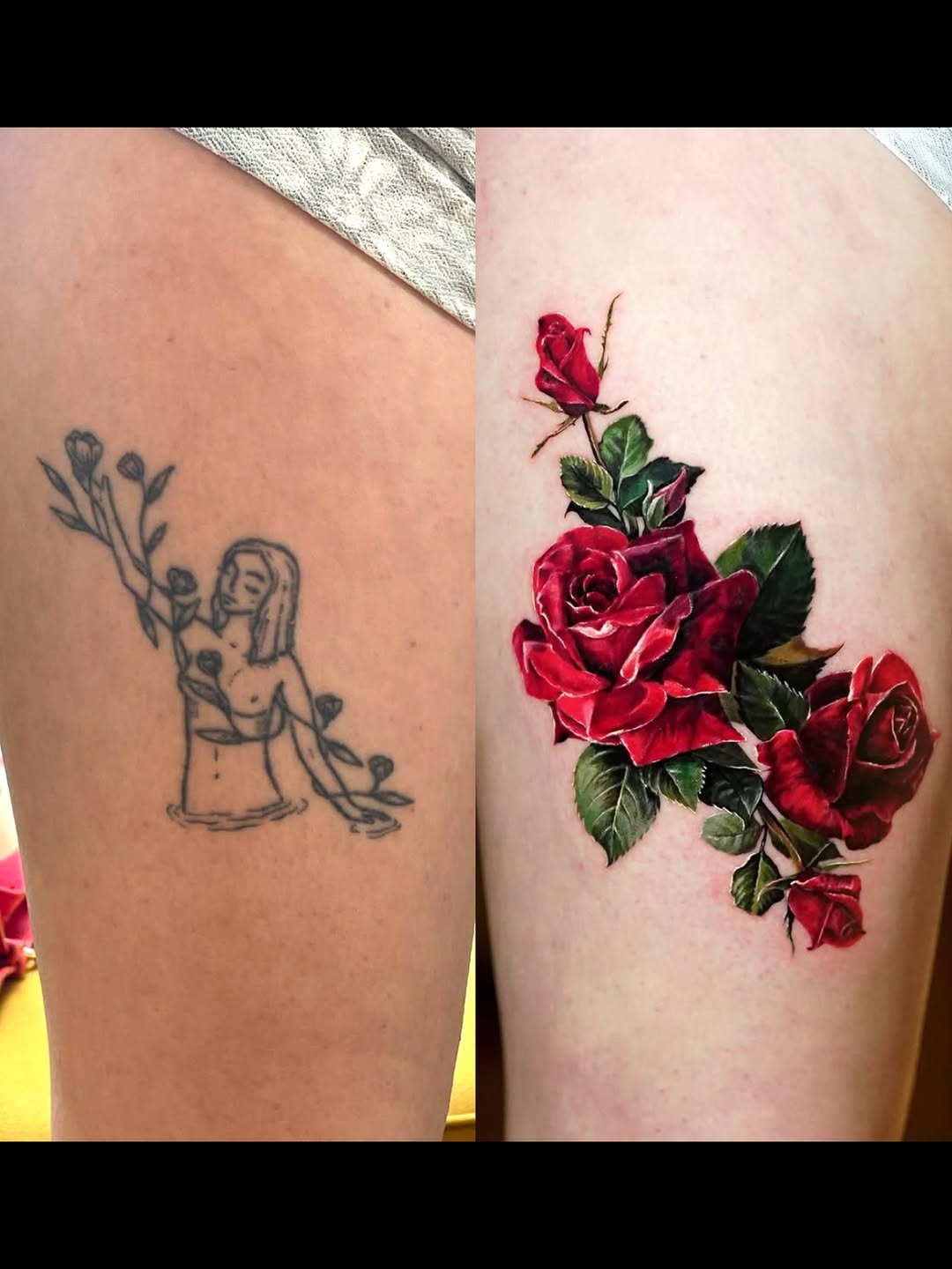 Roses neo-traditional tattoo on the thigh by Eun, Toronto, Ontario