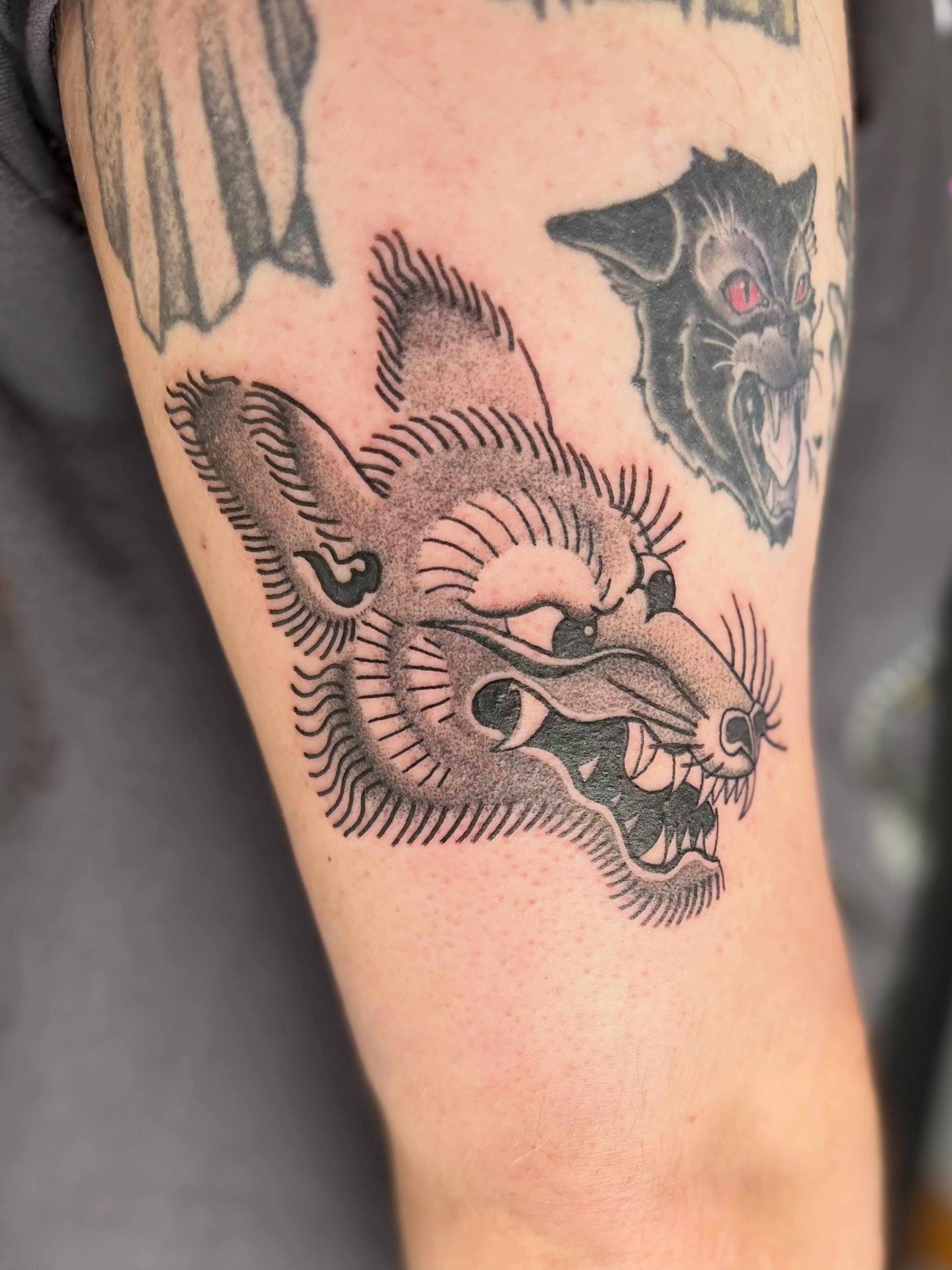 Wolf black and grey tattoo on the forearm by Erica McCullough
