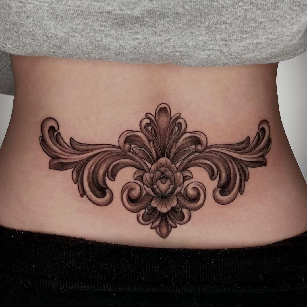 Tattoo by @zombiecattats — ornamental, black_and_grey