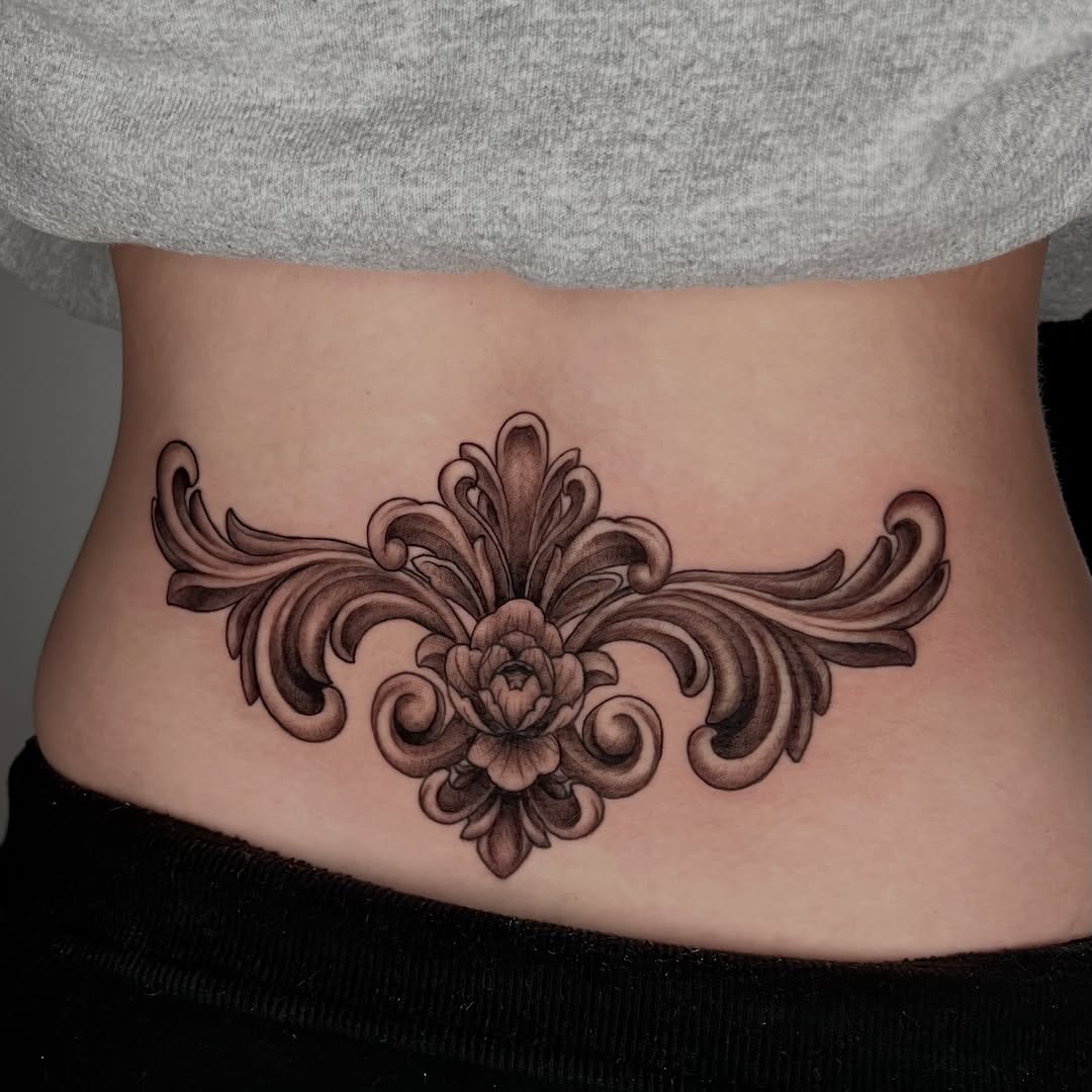 Tattoo by @zombiecattats — black_and_grey, ornamental