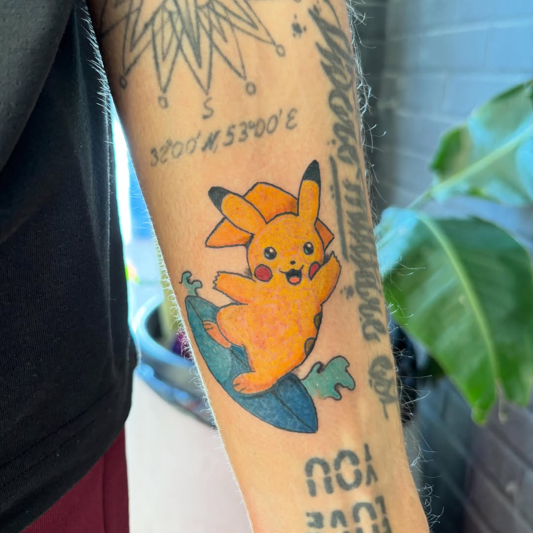 Pikachu surfing new school tattoo on the forearm by ๐ฎ๐๐๐๐๐๐ ๐ฝ๐๐ โ
