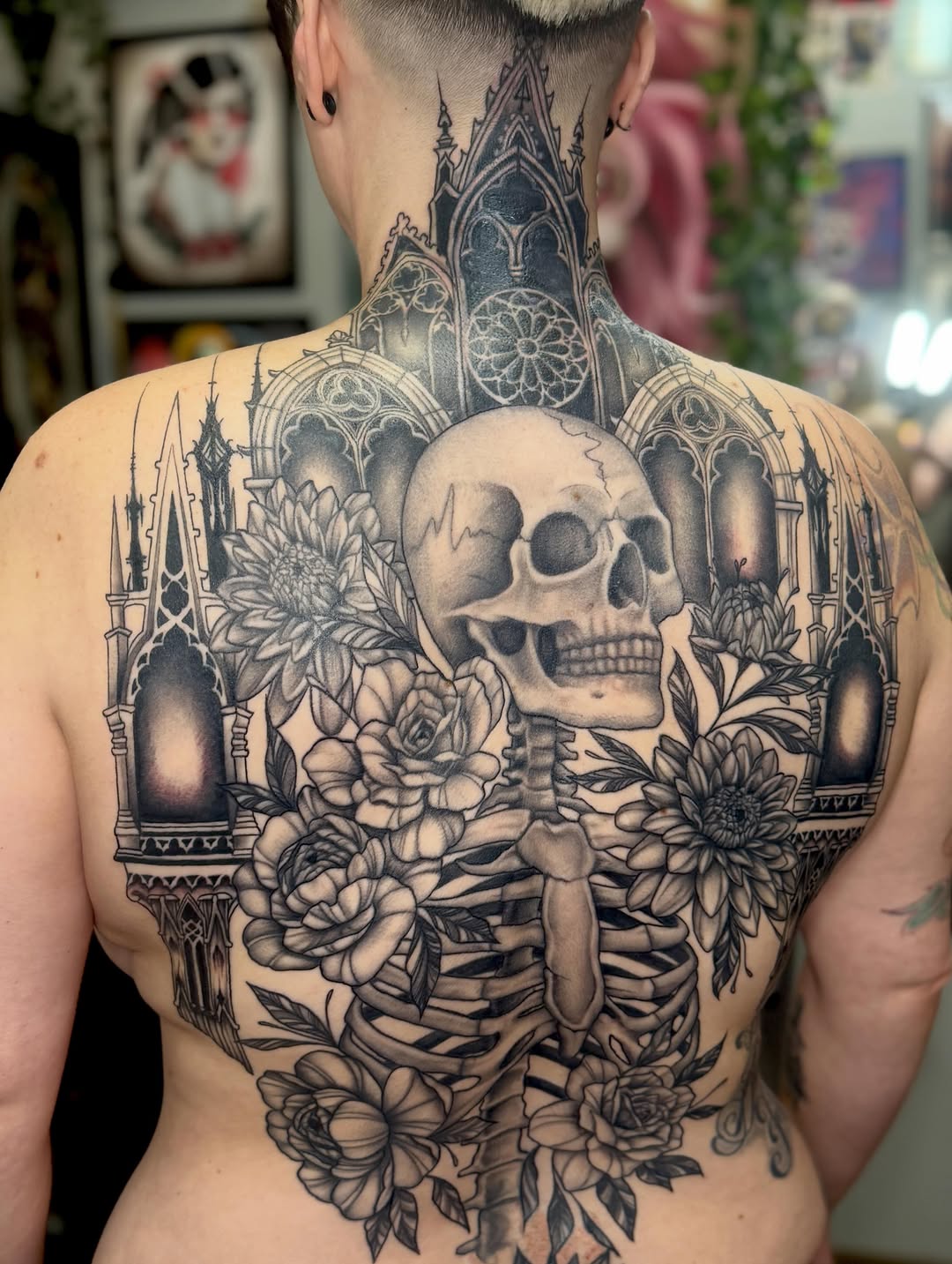 Skull and gothic architecture with flowers dark art tattoo on the back by πβ¨ππ₯π’π©ππΆ β¨π