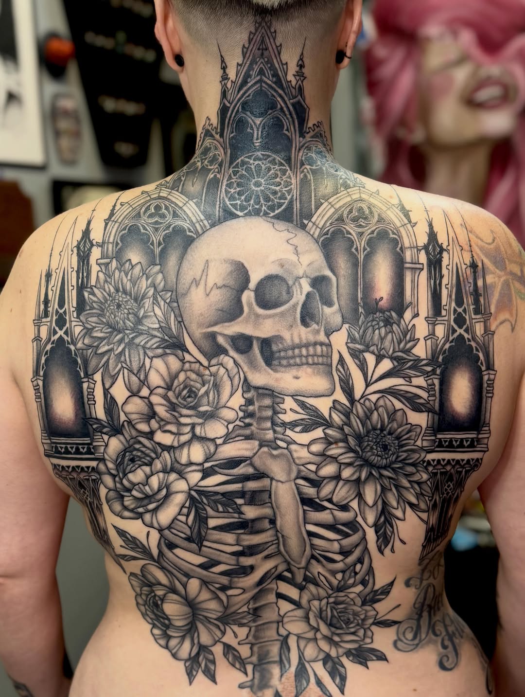 Skull with gothic architecture and flowers dark art tattoo on the back by πβ¨ππ₯π’π©ππΆ β¨π