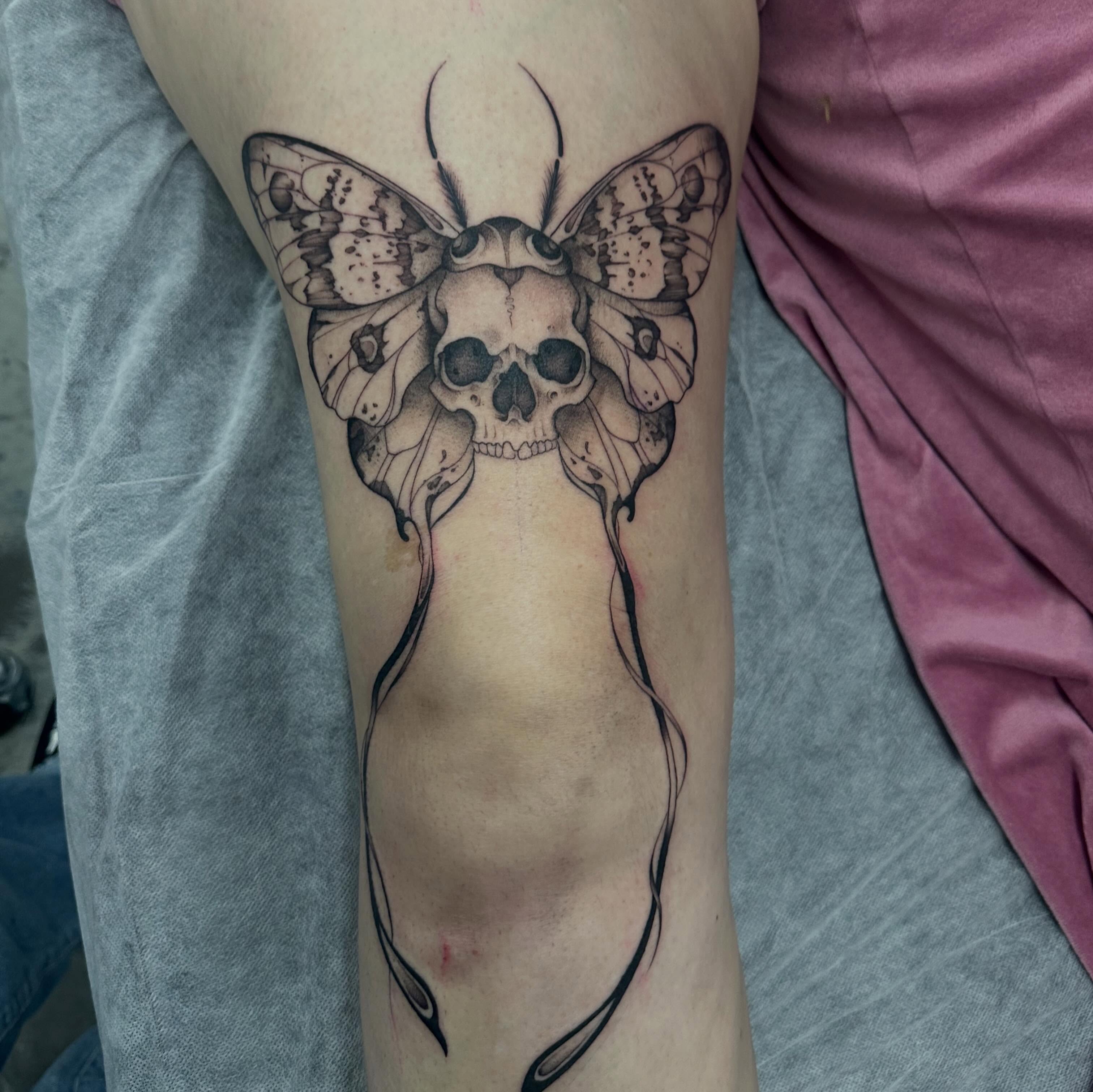 Skull moth realism tattoo on the forearm by Lyndsay Southgate