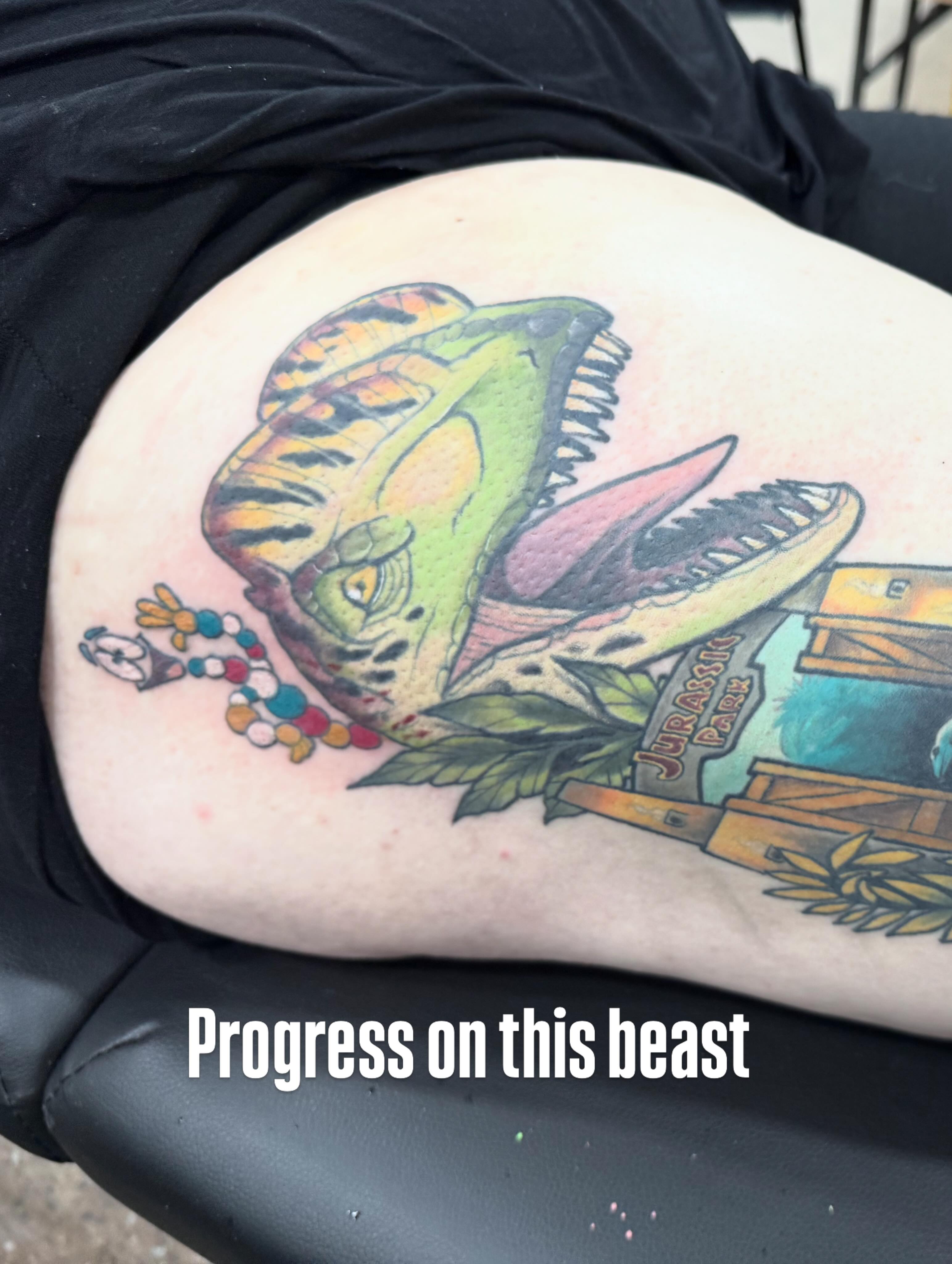 T-Rex realism tattoo on the thigh by Dizzy, Phillipsburg, New Jersey