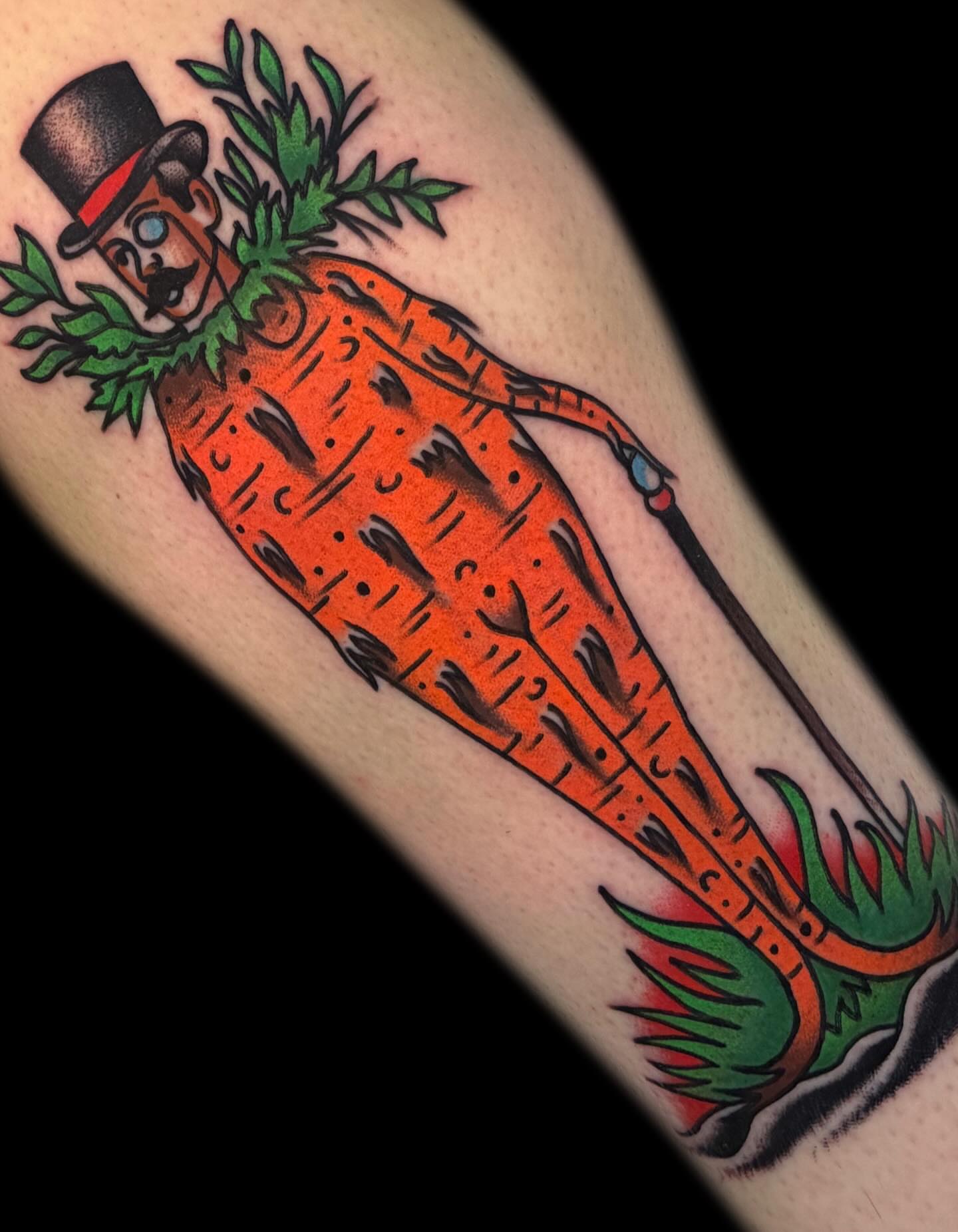 Carrot man American traditional tattoo on the forearm by The Calamari Kid