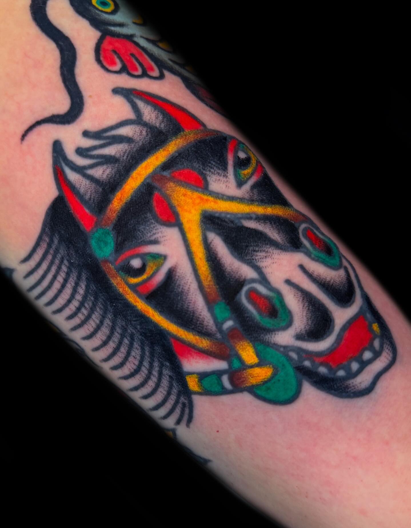 Bull skull American traditional tattoo on the forearm by The Calamari Kid