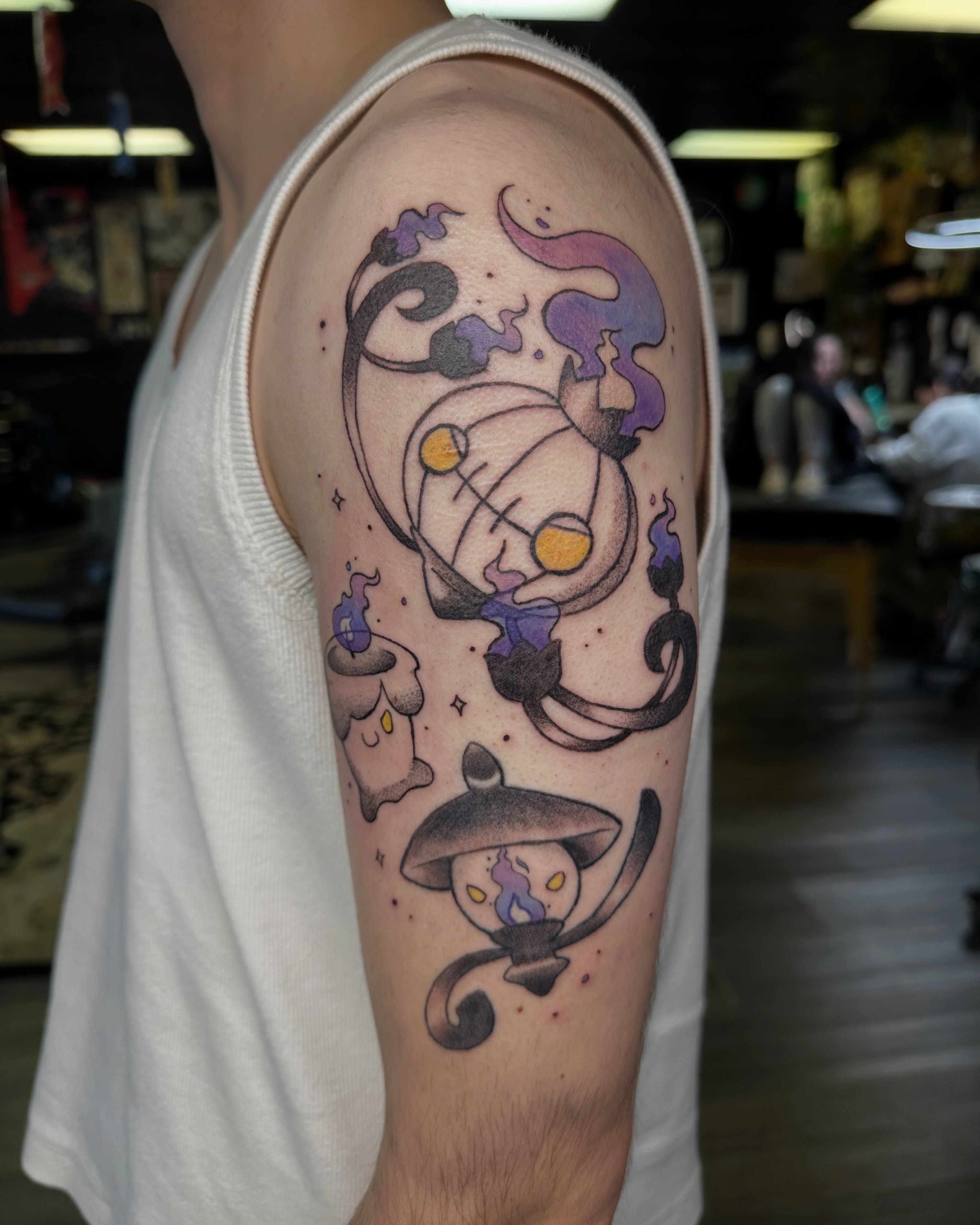 Lamp and celestial bodies dotwork tattoo on the forearm by Shrimple
