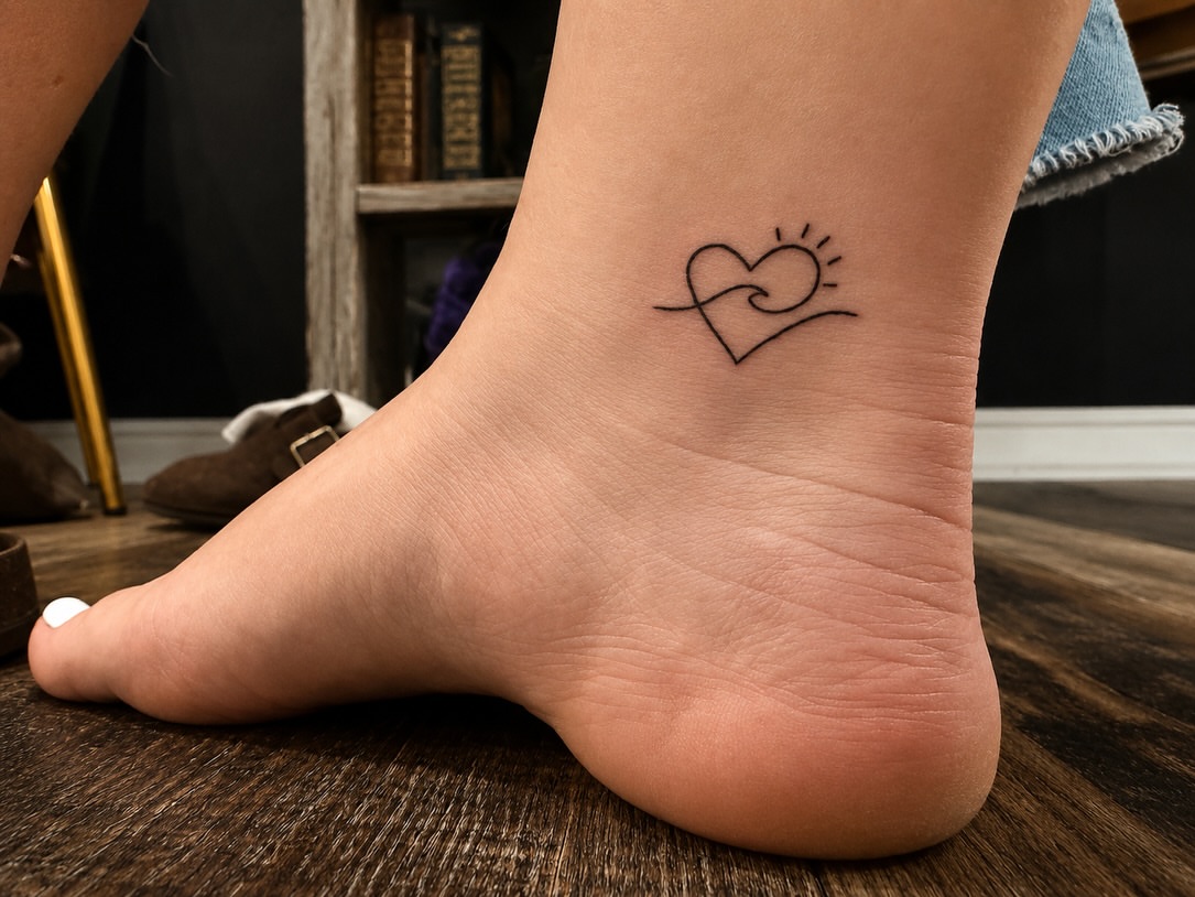 Heart with wave minimalist tattoo on the foot by JAmy Winters