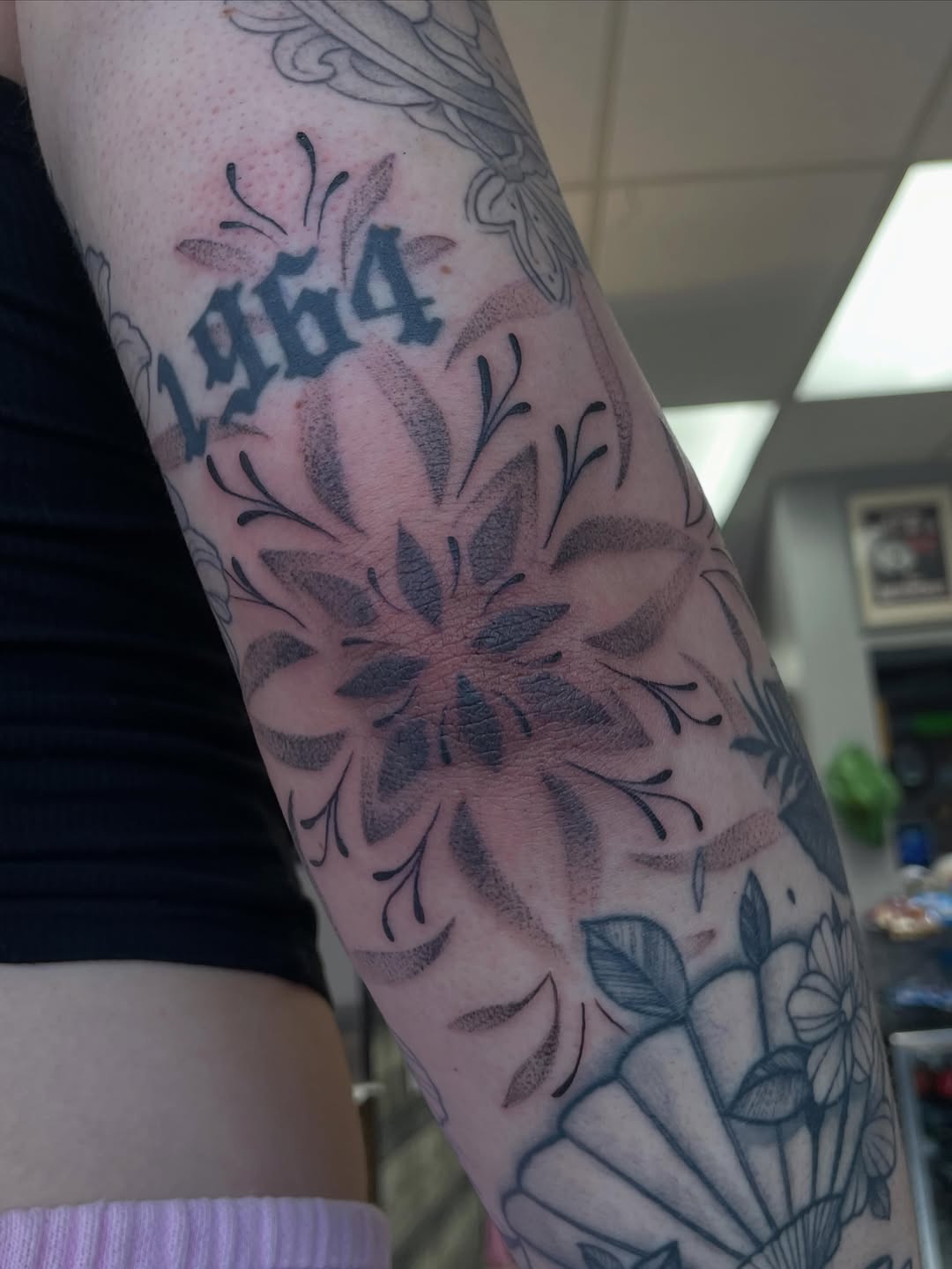 Tattoo by @stewstattoos — dotwork, lettering_script