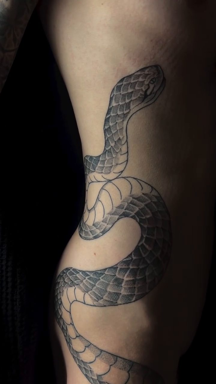 Snake American traditional tattoo on the forearm by Erinn Nicole
