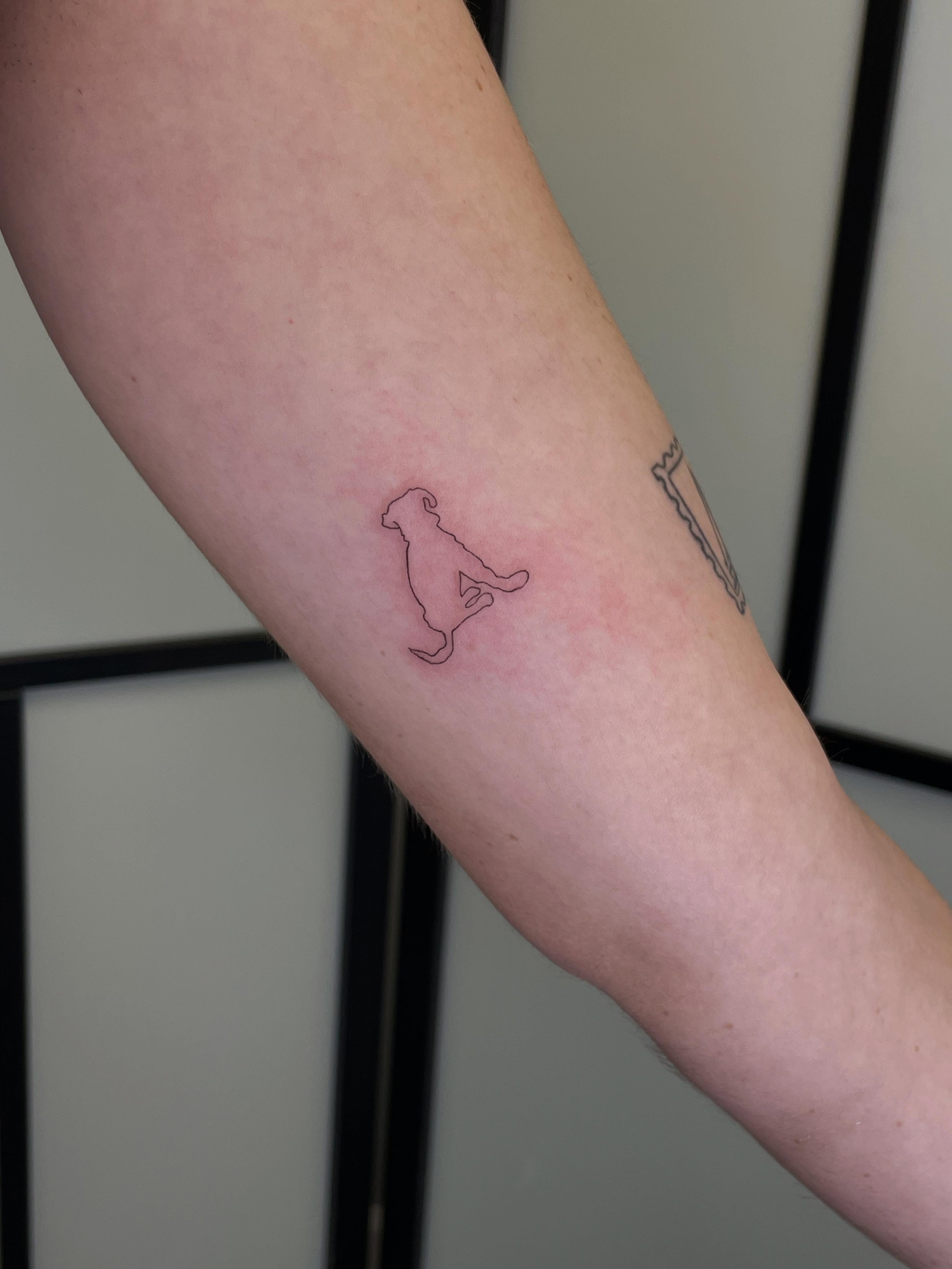Dog silhouette fine line tattoo on the forearm by Gel Clark