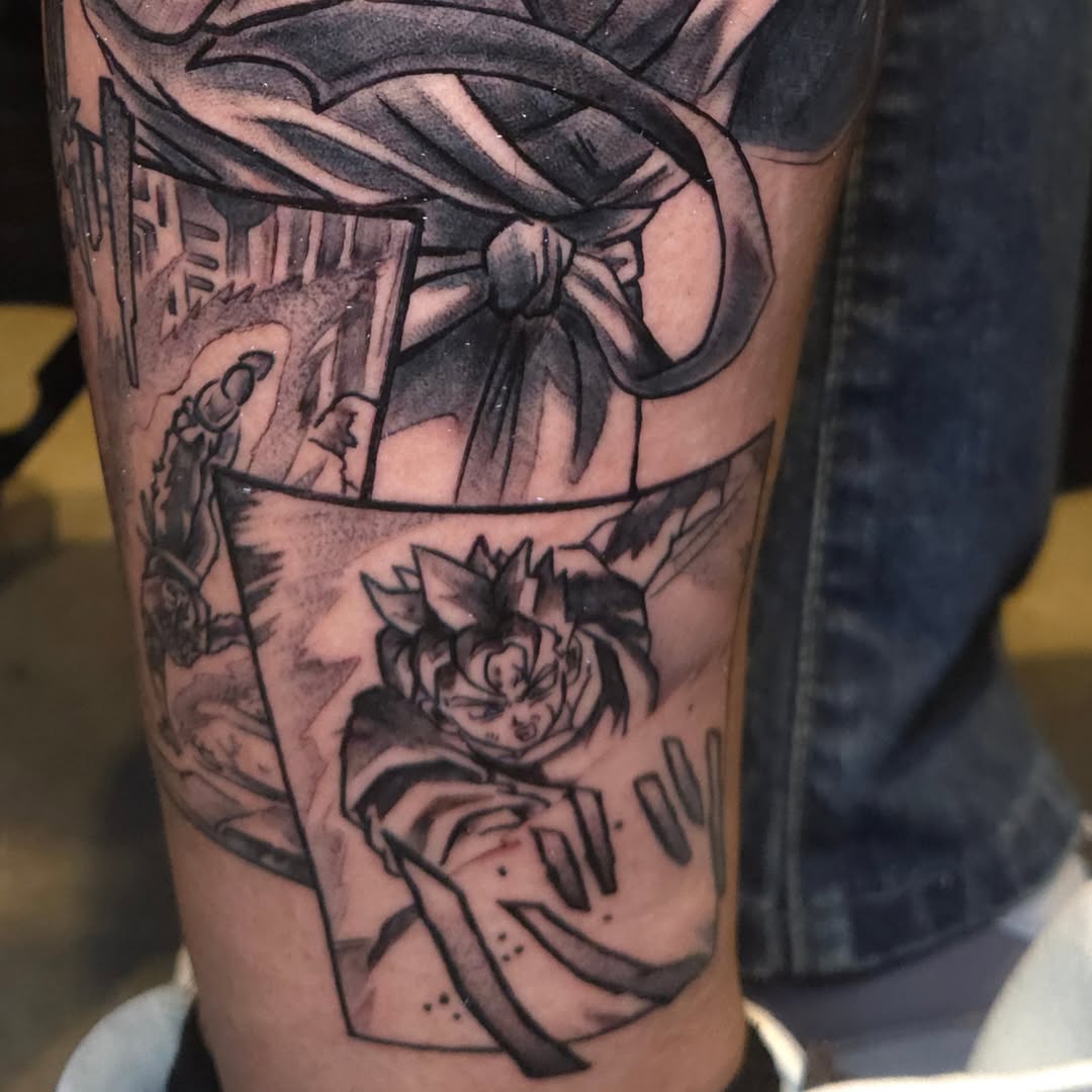 Dragon ball character anime tattoo on the forearm by Nic Mann