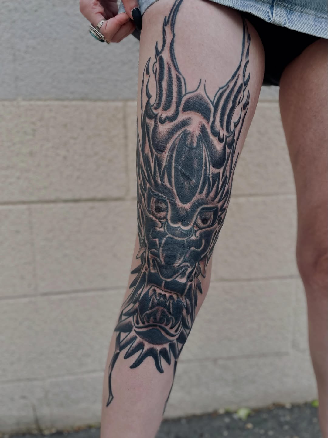 Dragon head Japanese tattoo on the calf by Christien Xavier Alba, Salt Lake City, Utah