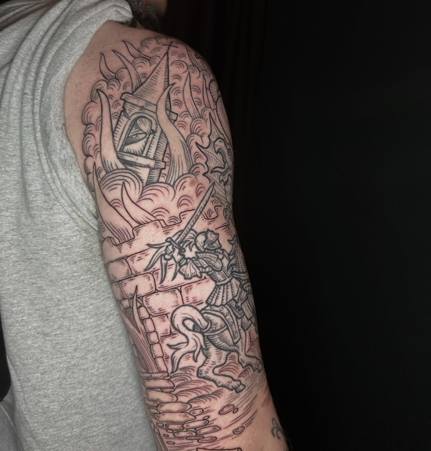Samurai on horseback black and grey tattoo on the forearm by Joel Smith, Manhattan, Kansas